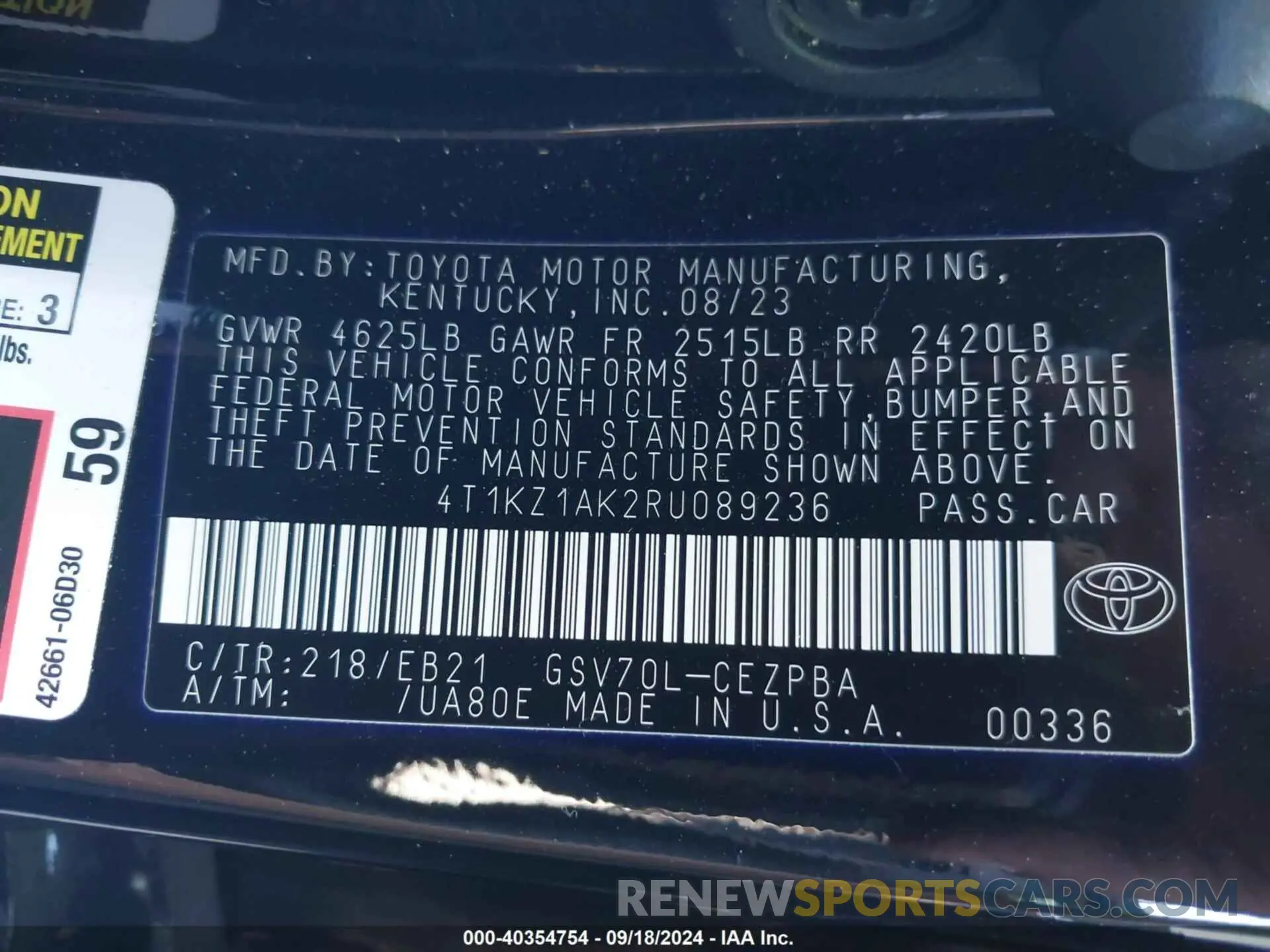 9 fotografías del automóvil dañado 4T1KZ1AK2RU089236 TOYOTA CAMRY 2024