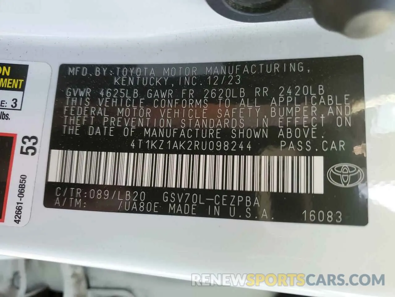 12 fotografías del automóvil dañado 4T1KZ1AK2RU098244 TOYOTA CAMRY 2024