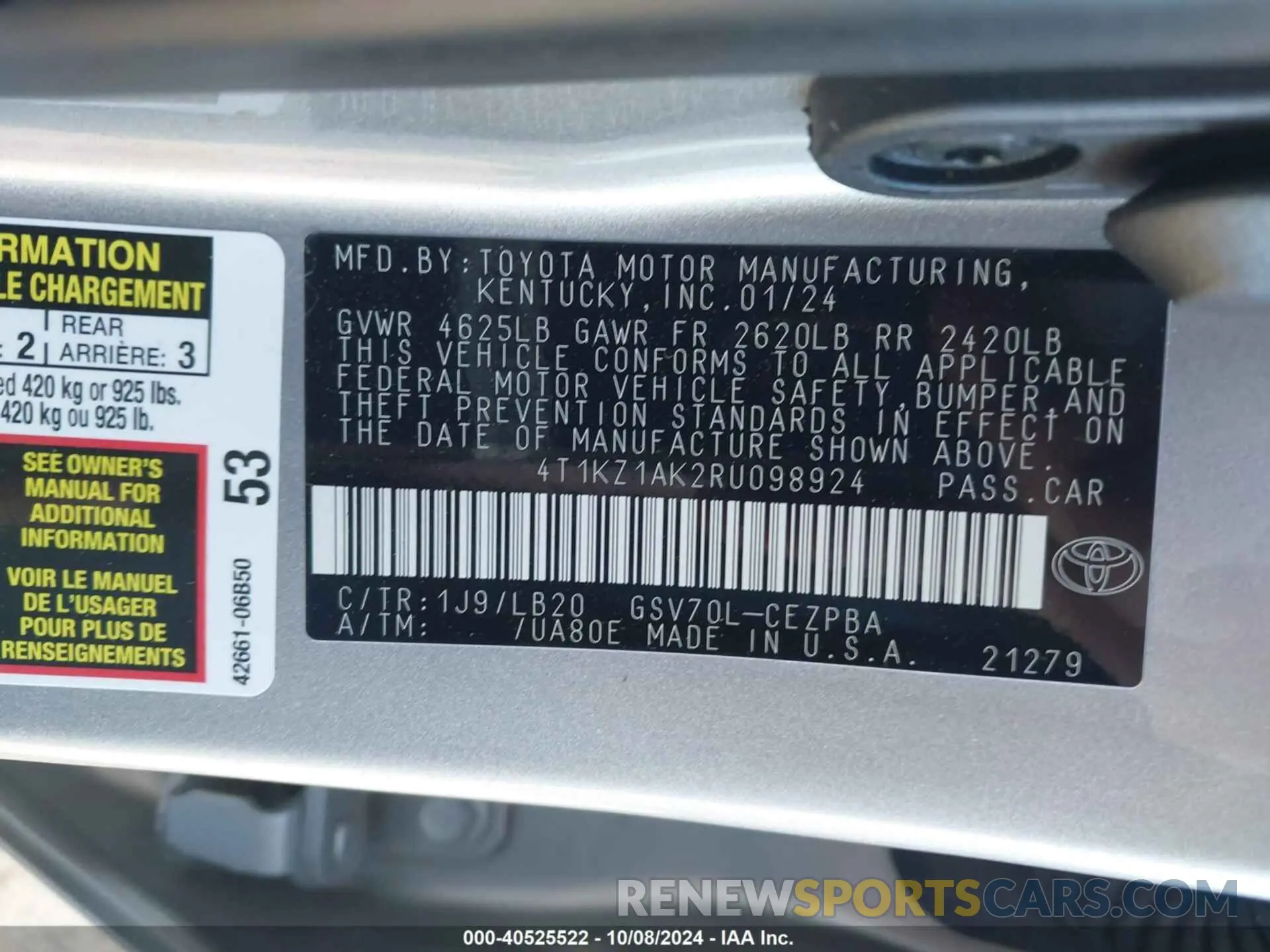 9 fotografías del automóvil dañado 4T1KZ1AK2RU098924 TOYOTA CAMRY 2024