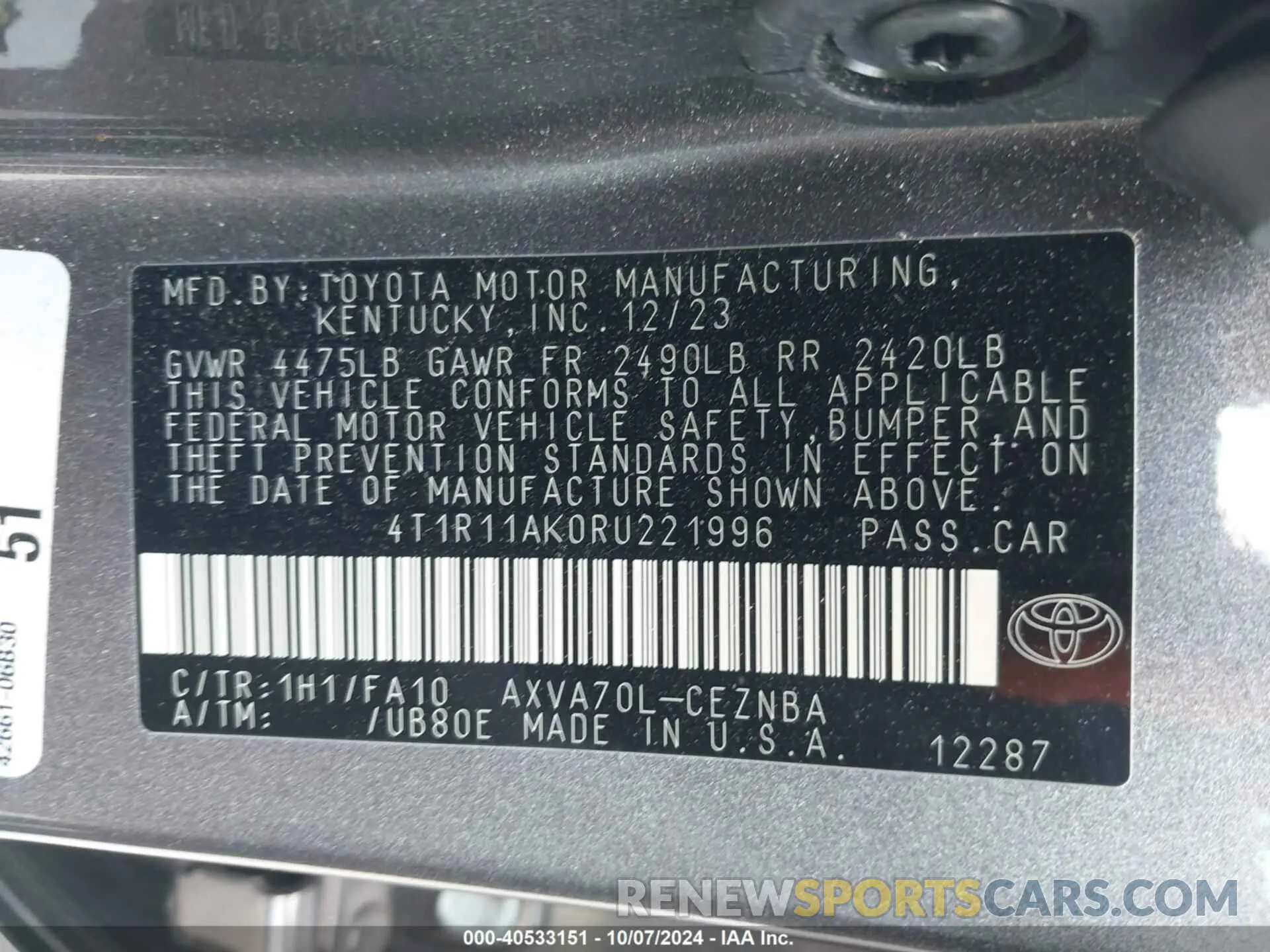 9 fotografías del automóvil dañado 4T1R11AK0RU221996 TOYOTA CAMRY 2024