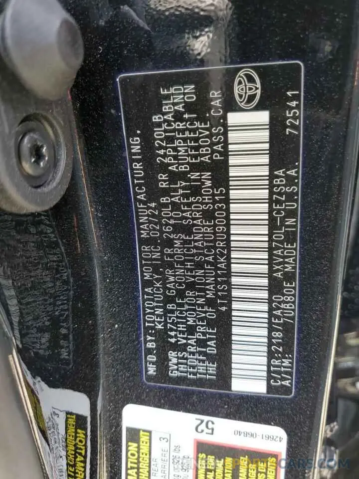 13 fotografías del automóvil dañado 4T1S11AK2RU900315 TOYOTA CAMRY 2024