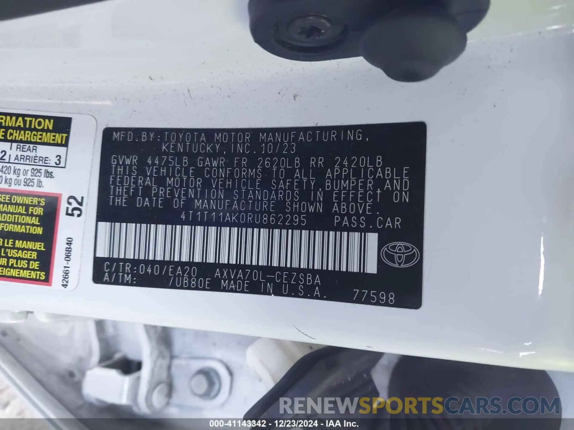 9 fotografías del automóvil dañado 4T1T11AK0RU862295 TOYOTA CAMRY 2024