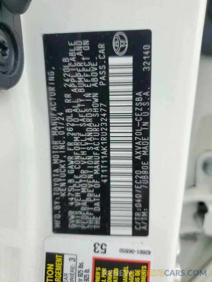12 fotografías del automóvil dañado 4T1T11AK1RU232477 TOYOTA CAMRY 2024