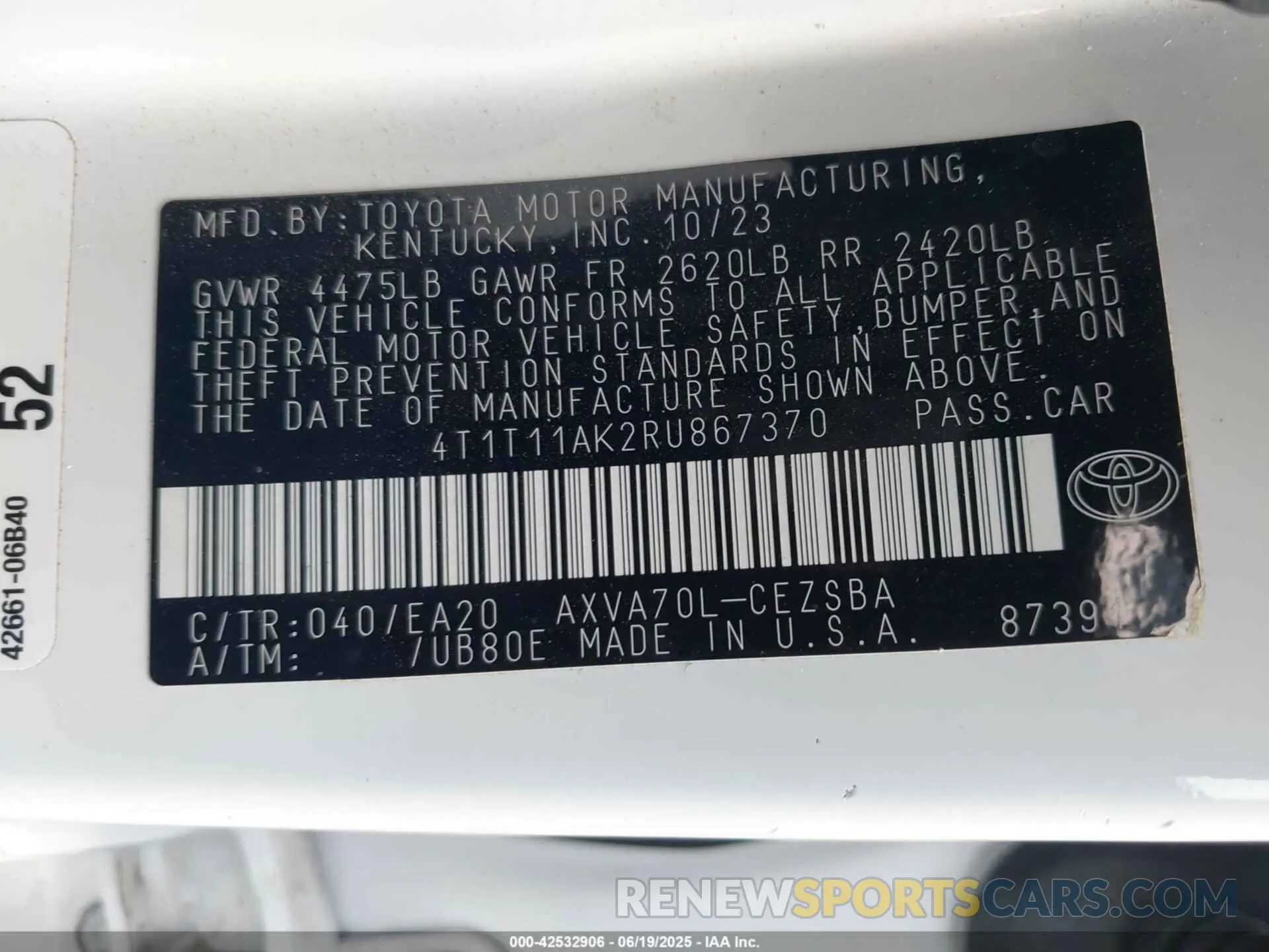 9 fotografías del automóvil dañado 4T1T11AK2RU867370 TOYOTA CAMRY 2024