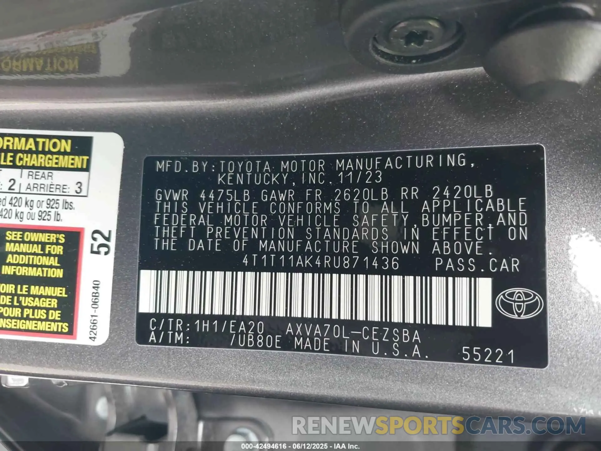 9 fotografías del automóvil dañado 4T1T11AK4RU871436 TOYOTA CAMRY 2024