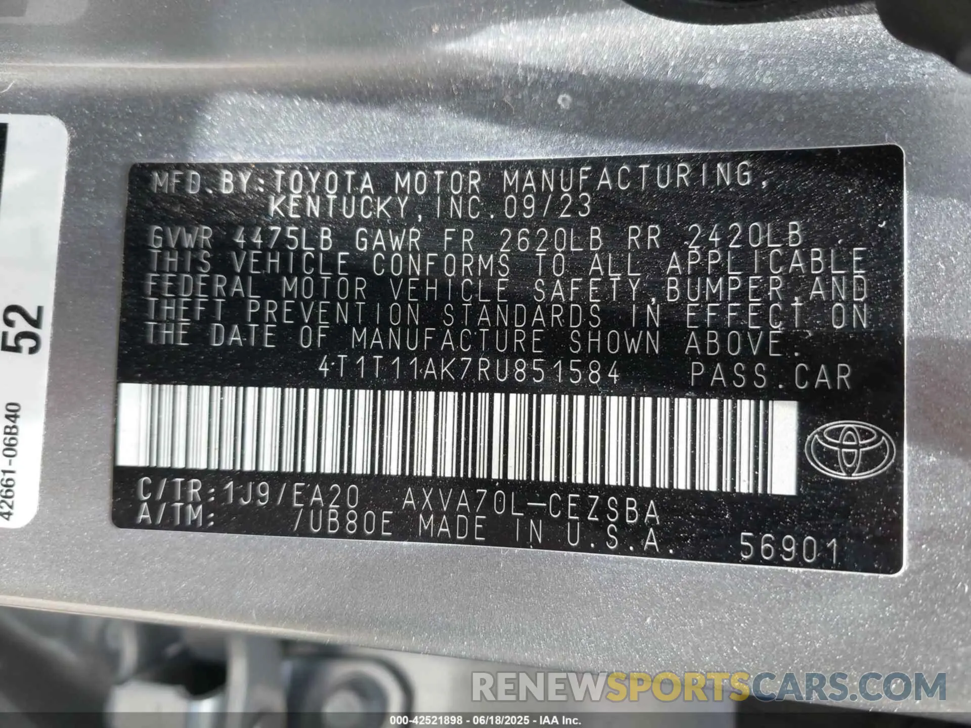 9 fotografías del automóvil dañado 4T1T11AK7RU851584 TOYOTA CAMRY 2024
