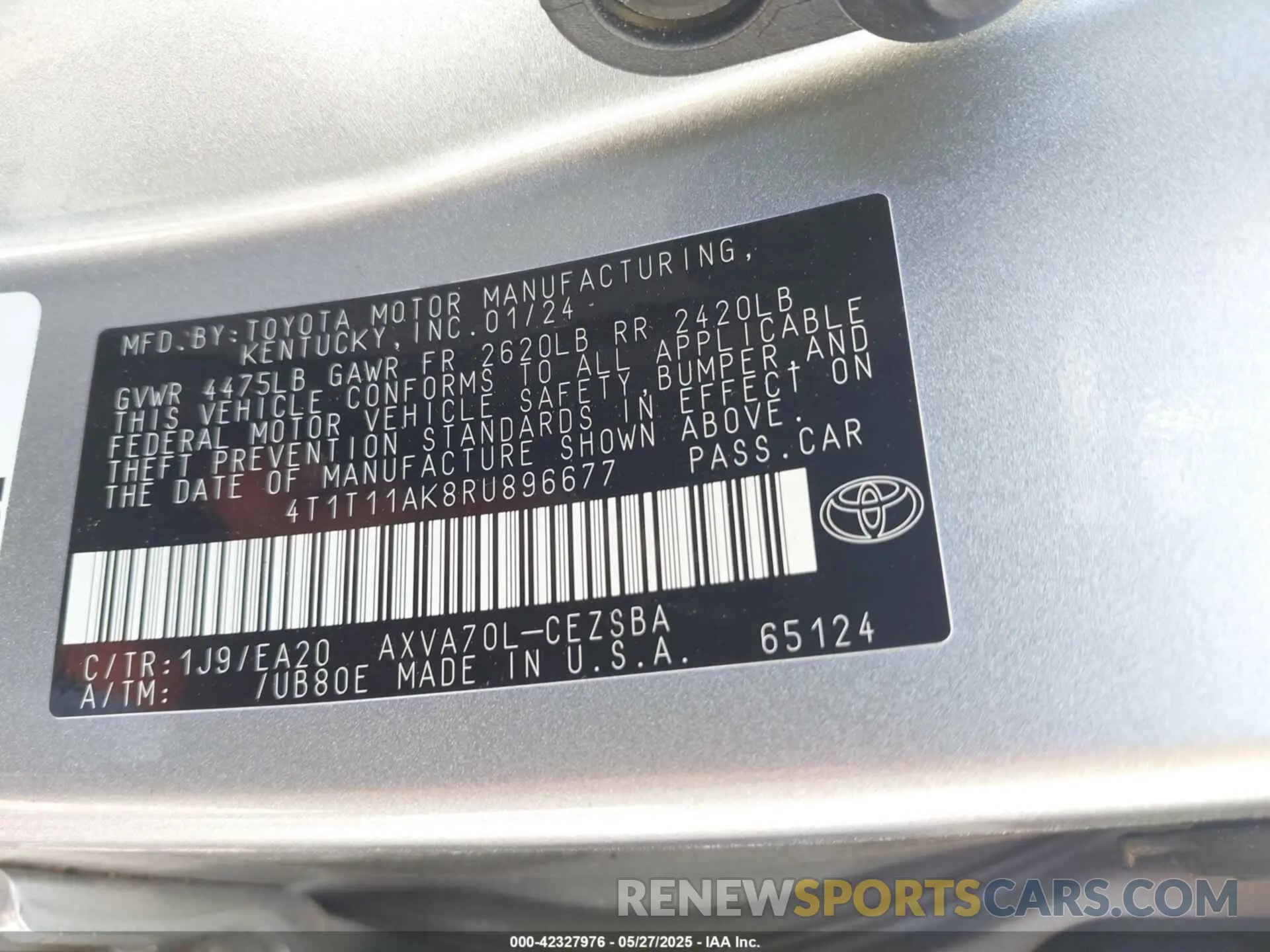 9 fotografías del automóvil dañado 4T1T11AK8RU896677 TOYOTA CAMRY 2024