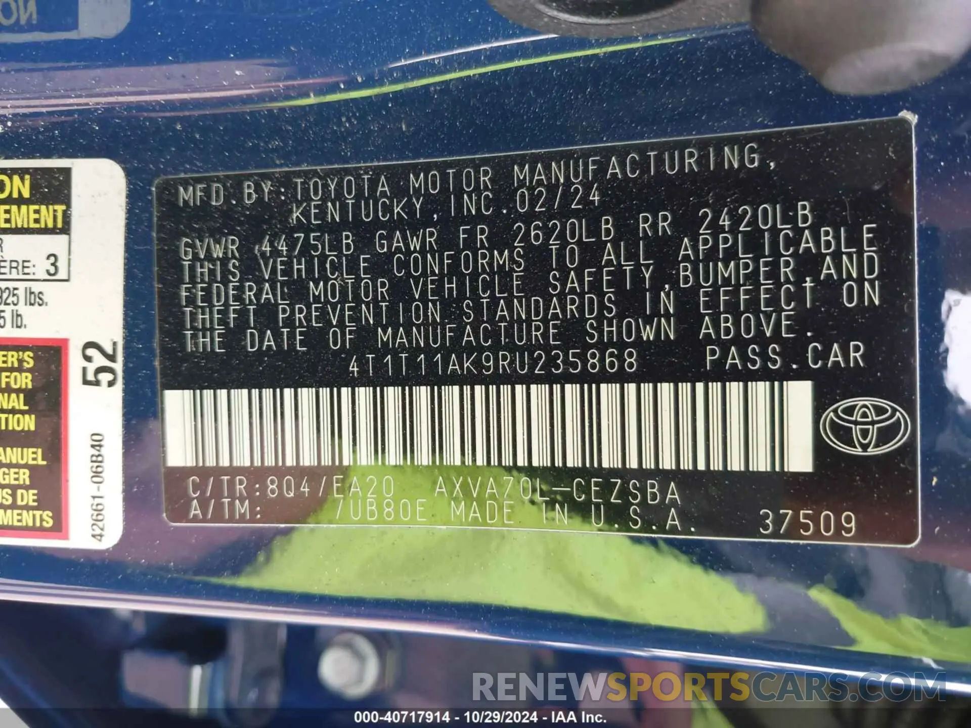 9 fotografías del automóvil dañado 4T1T11AK9RU235868 TOYOTA CAMRY 2024