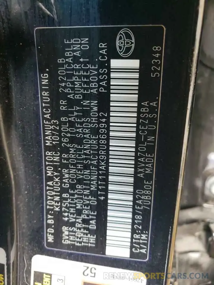 12 fotografías del automóvil dañado 4T1T11AK9RU869942 TOYOTA CAMRY 2024