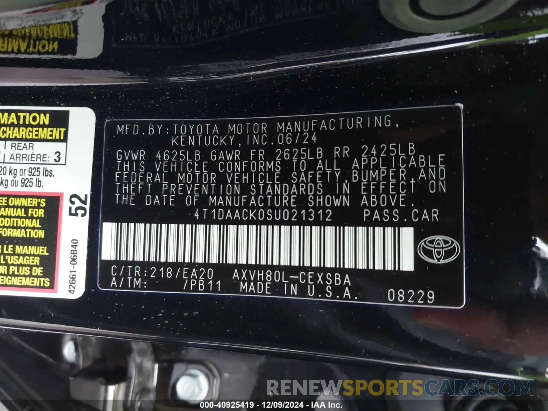 9 fotografías del automóvil dañado 4T1DAACK0SU021312 TOYOTA CAMRY 2025