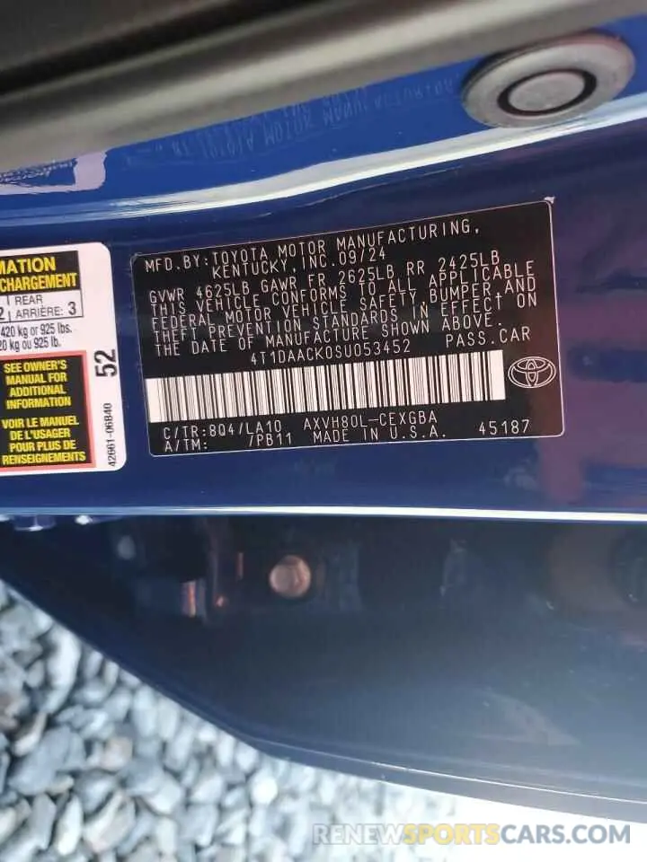 12 fotografías del automóvil dañado 4T1DAACK0SU053452 TOYOTA CAMRY 2025