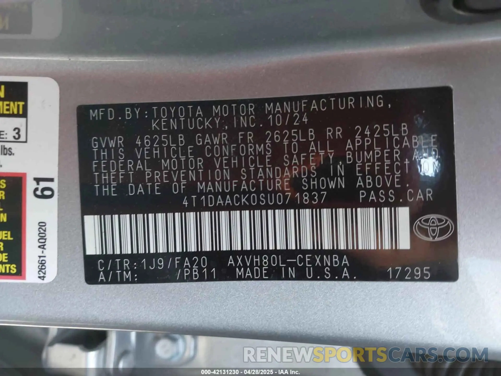 9 fotografías del automóvil dañado 4T1DAACK0SU071837 TOYOTA CAMRY 2025