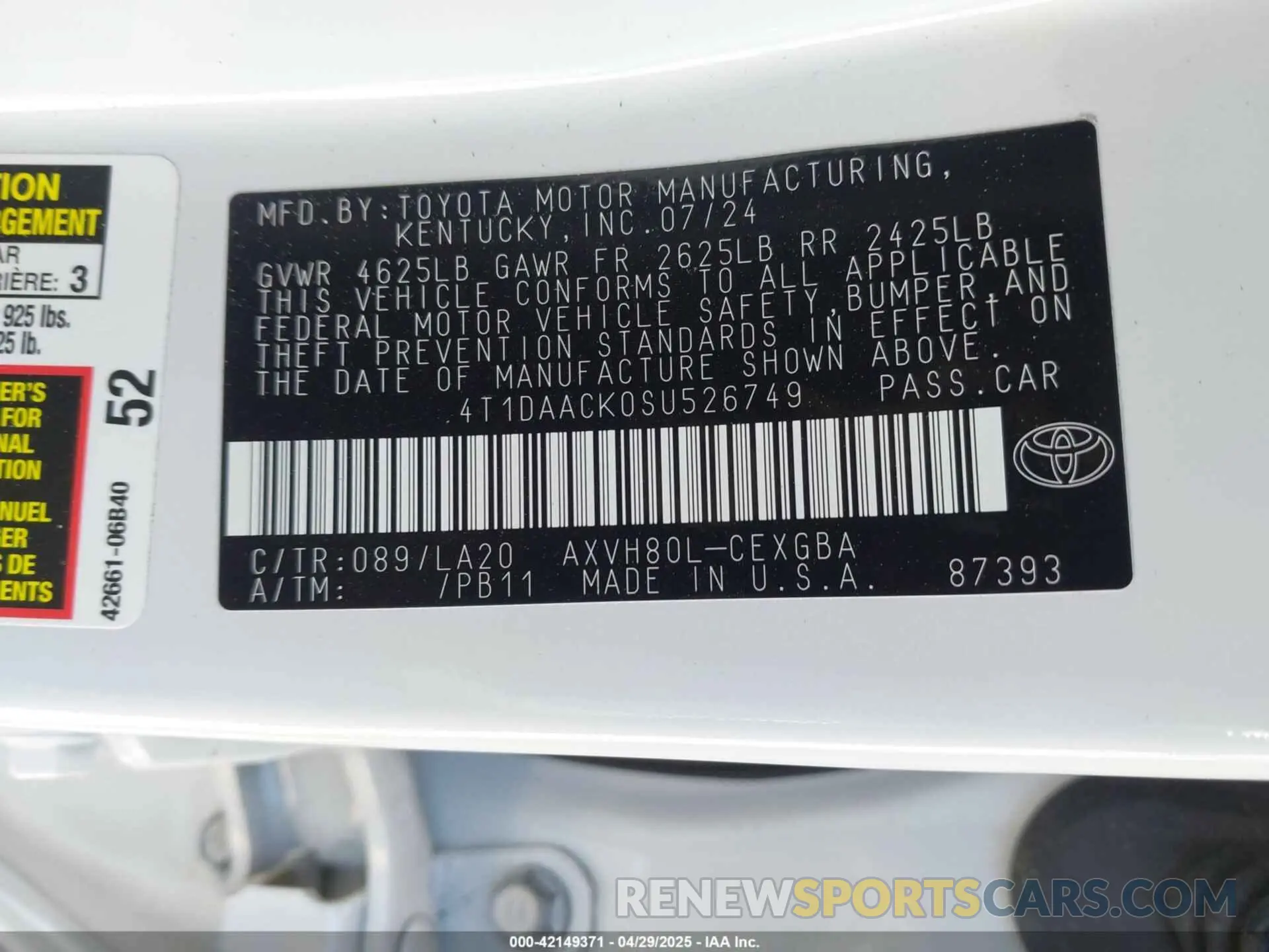 9 fotografías del automóvil dañado 4T1DAACK0SU526749 TOYOTA CAMRY 2025