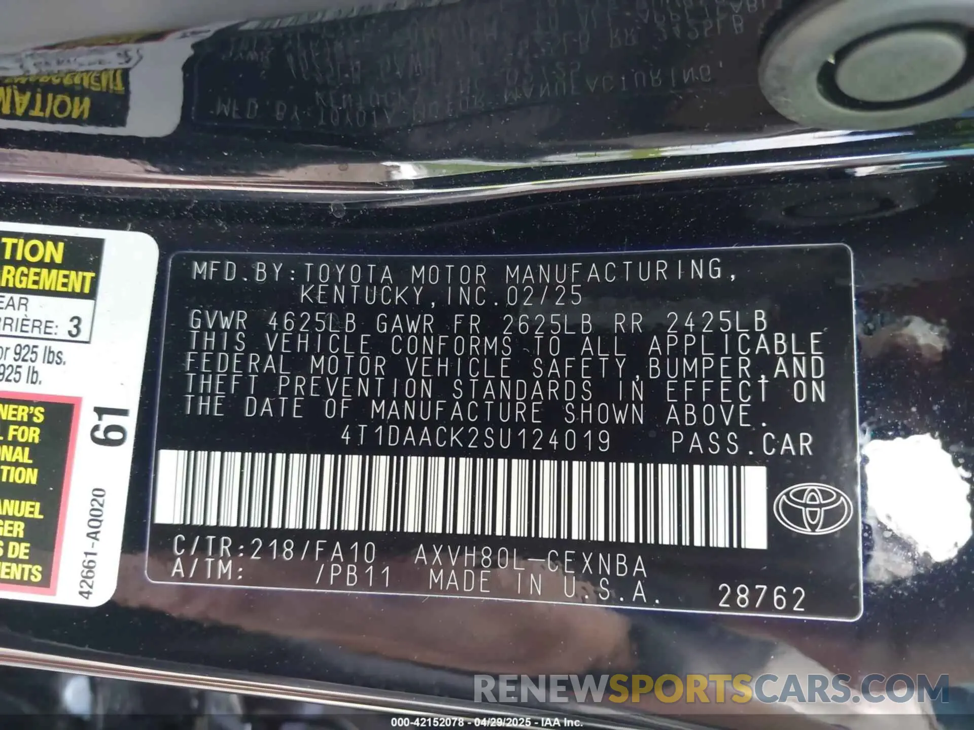 9 fotografías del automóvil dañado 4T1DAACK2SU124019 TOYOTA CAMRY 2025