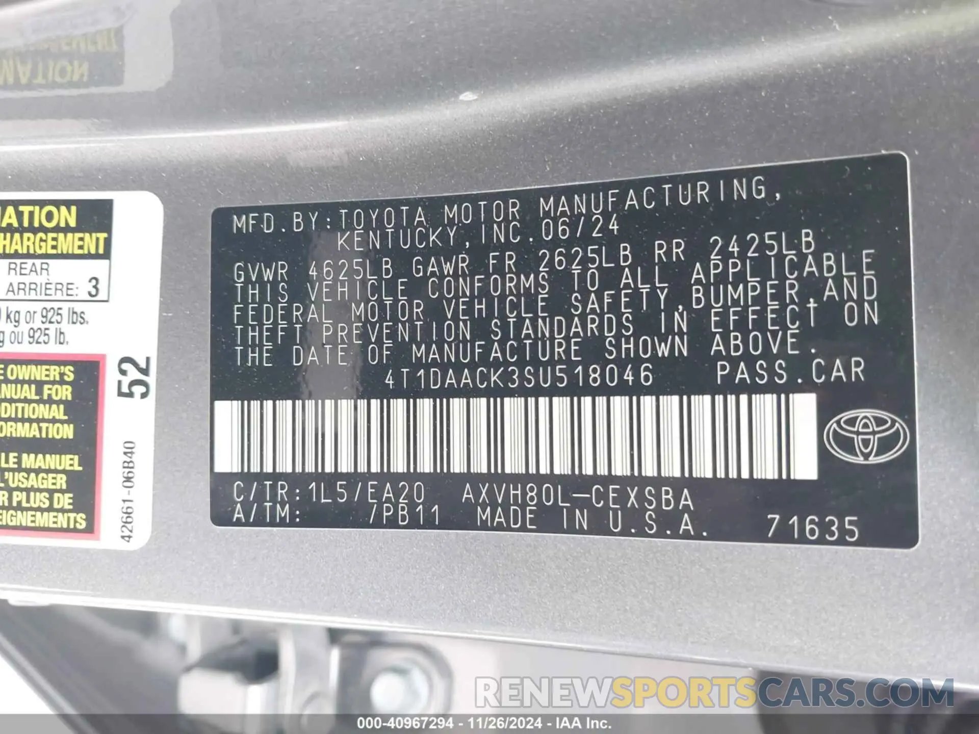9 fotografías del automóvil dañado 4T1DAACK3SU518046 TOYOTA CAMRY 2025