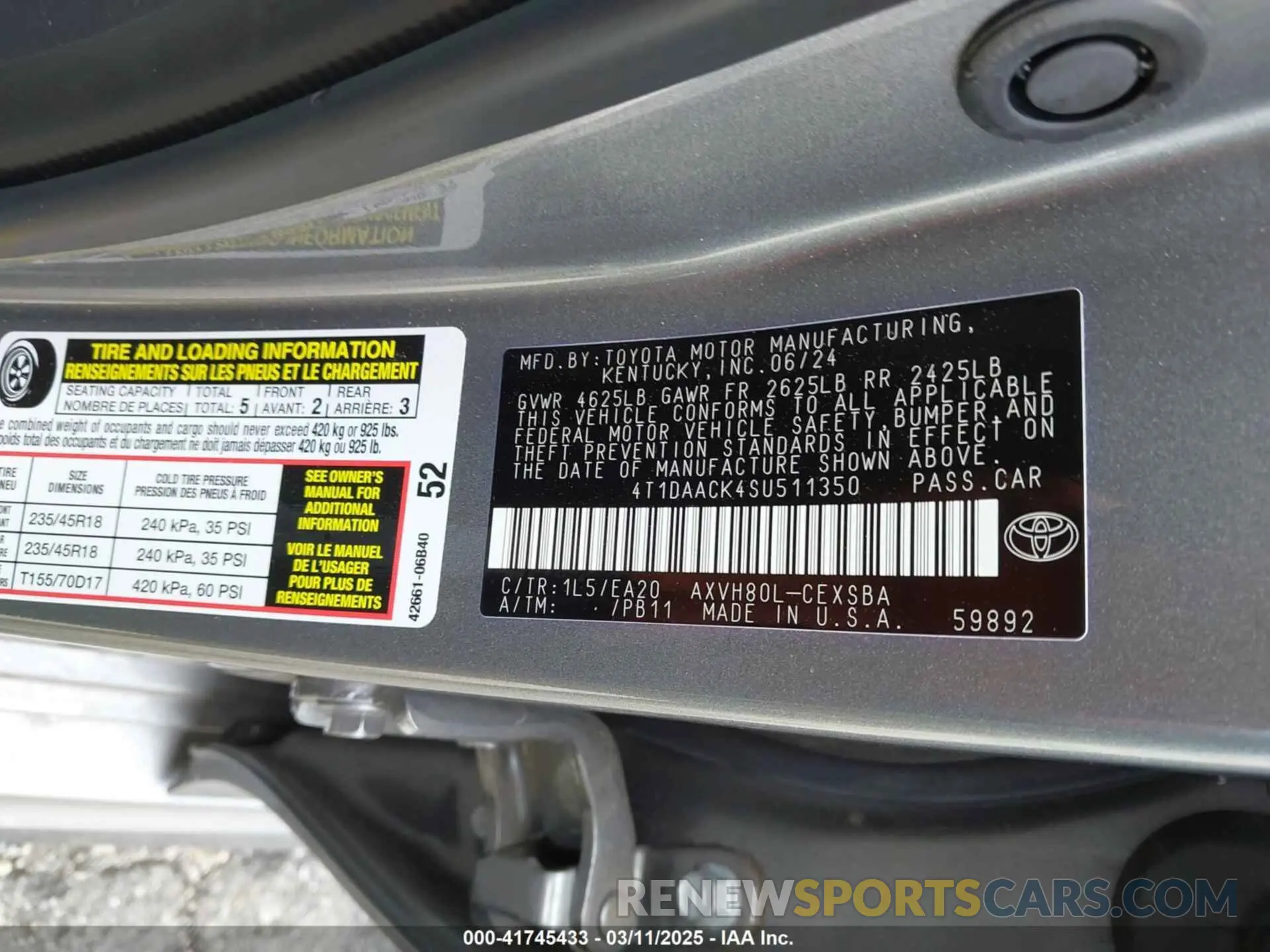 9 fotografías del automóvil dañado 4T1DAACK4SU511350 TOYOTA CAMRY 2025