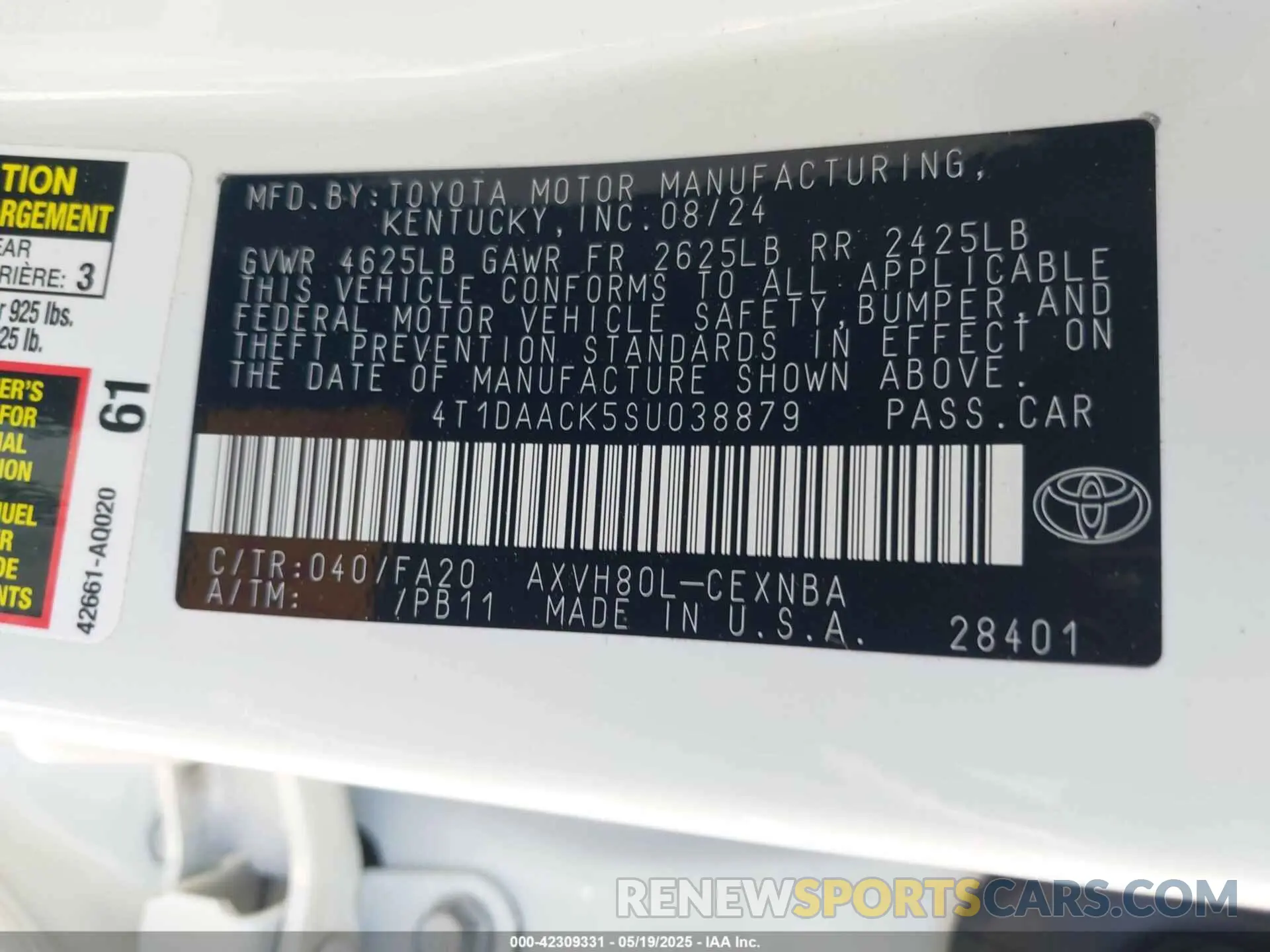 9 fotografías del automóvil dañado 4T1DAACK5SU038879 TOYOTA CAMRY 2025