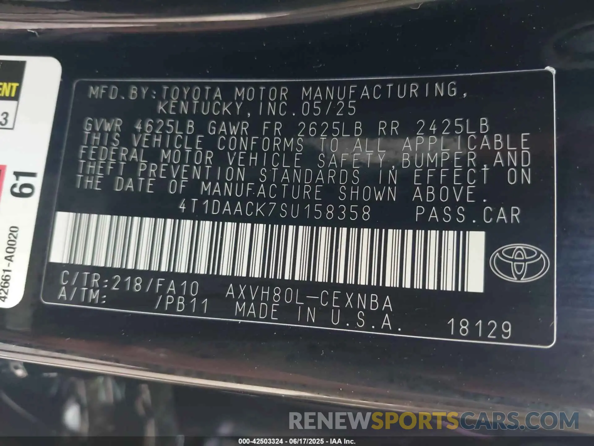 9 fotografías del automóvil dañado 4T1DAACK7SU158358 TOYOTA CAMRY 2025