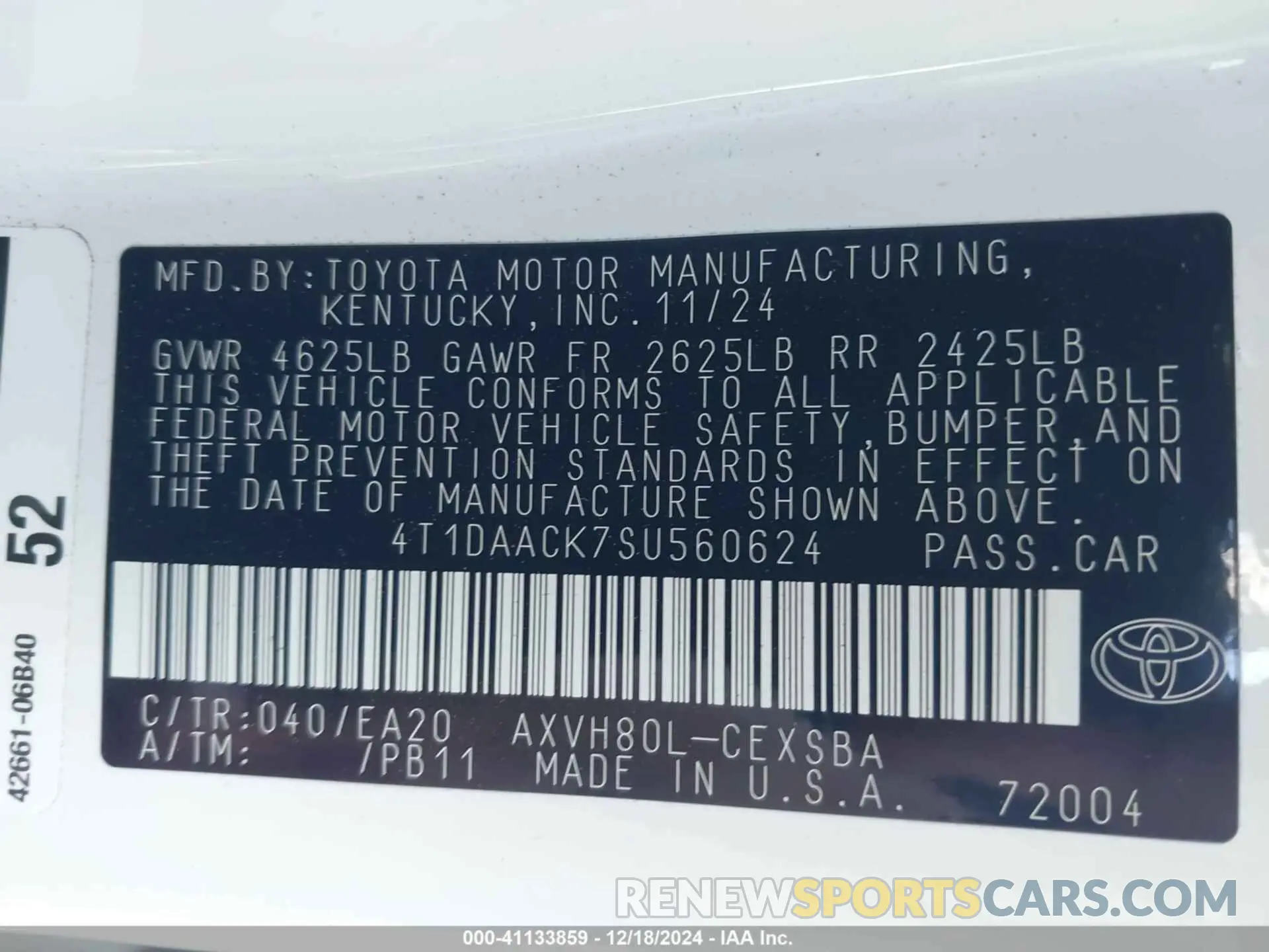 9 fotografías del automóvil dañado 4T1DAACK7SU560624 TOYOTA CAMRY 2025