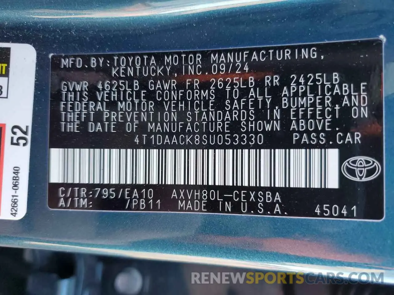 15 fotografías del automóvil dañado 4T1DAACK8SU053330 TOYOTA CAMRY 2025