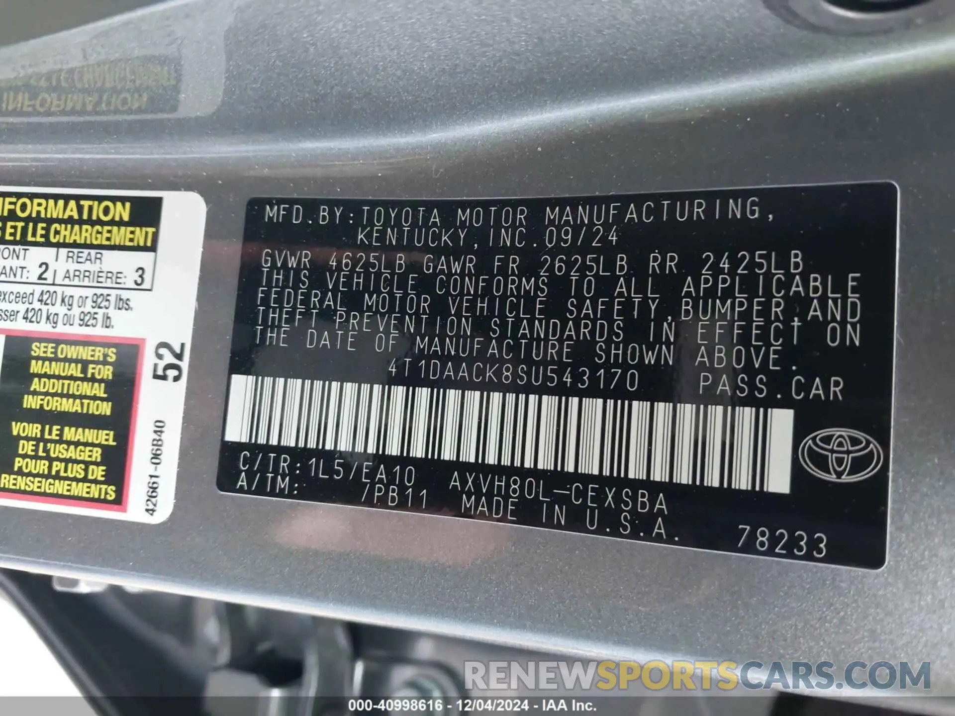 9 fotografías del automóvil dañado 4T1DAACK8SU543170 TOYOTA CAMRY 2025