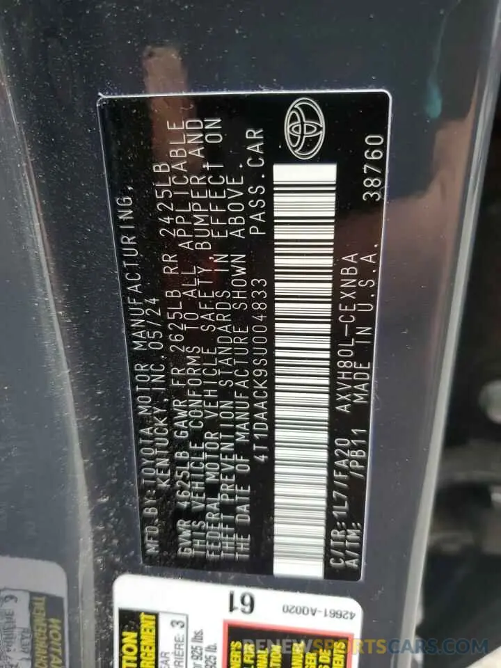13 fotografías del automóvil dañado 4T1DAACK9SU004833 TOYOTA CAMRY 2025