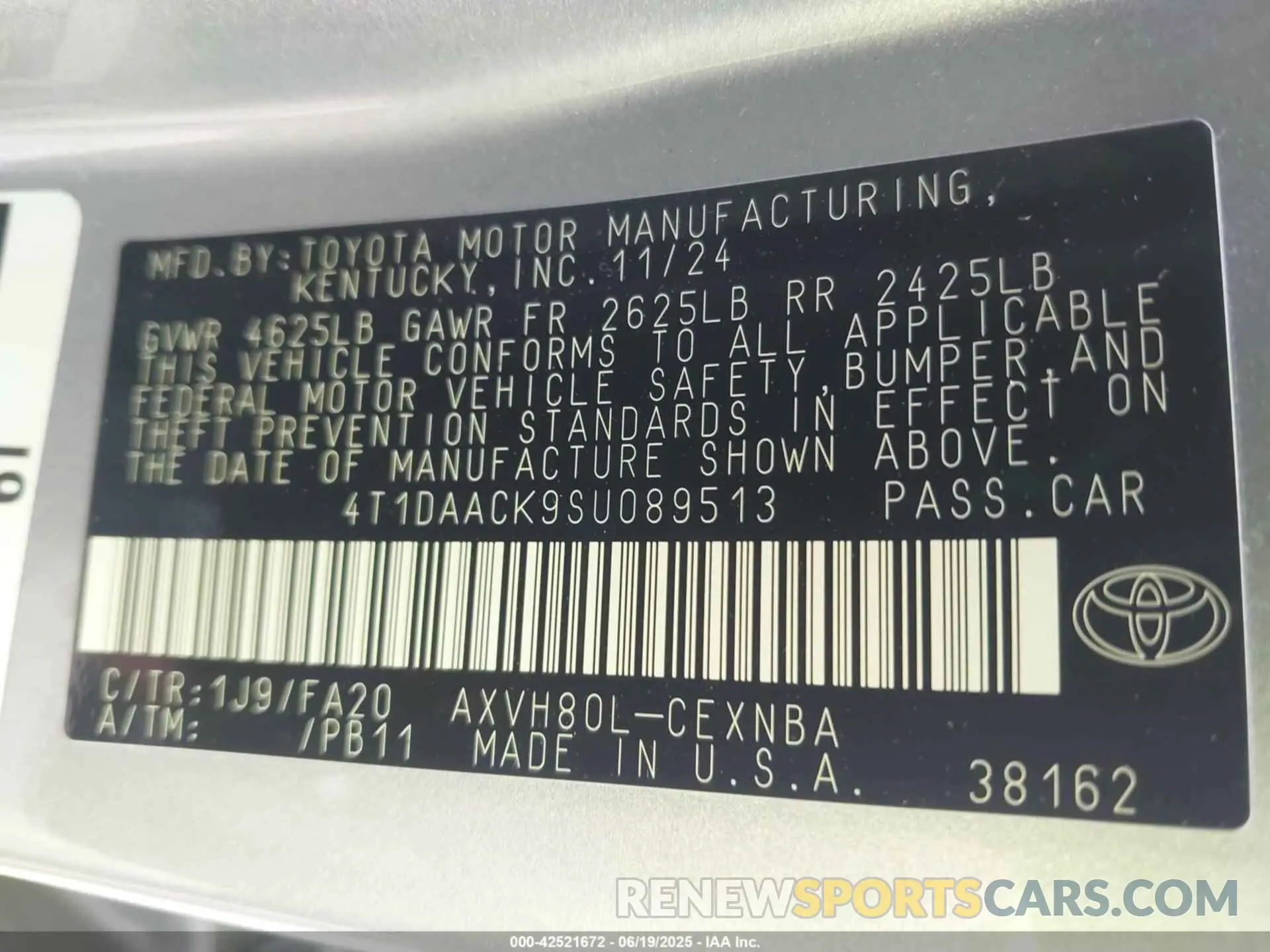 9 fotografías del automóvil dañado 4T1DAACK9SU089513 TOYOTA CAMRY 2025