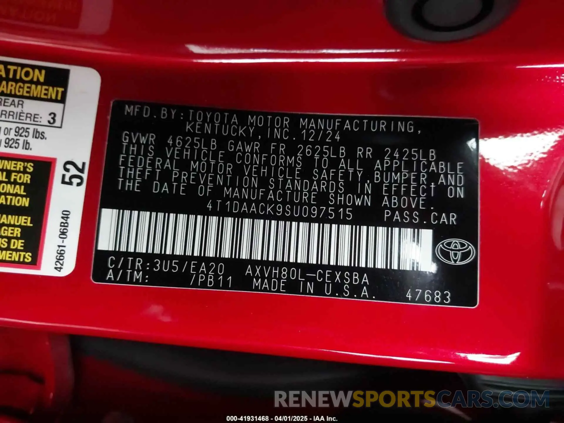 9 fotografías del automóvil dañado 4T1DAACK9SU097515 TOYOTA CAMRY 2025