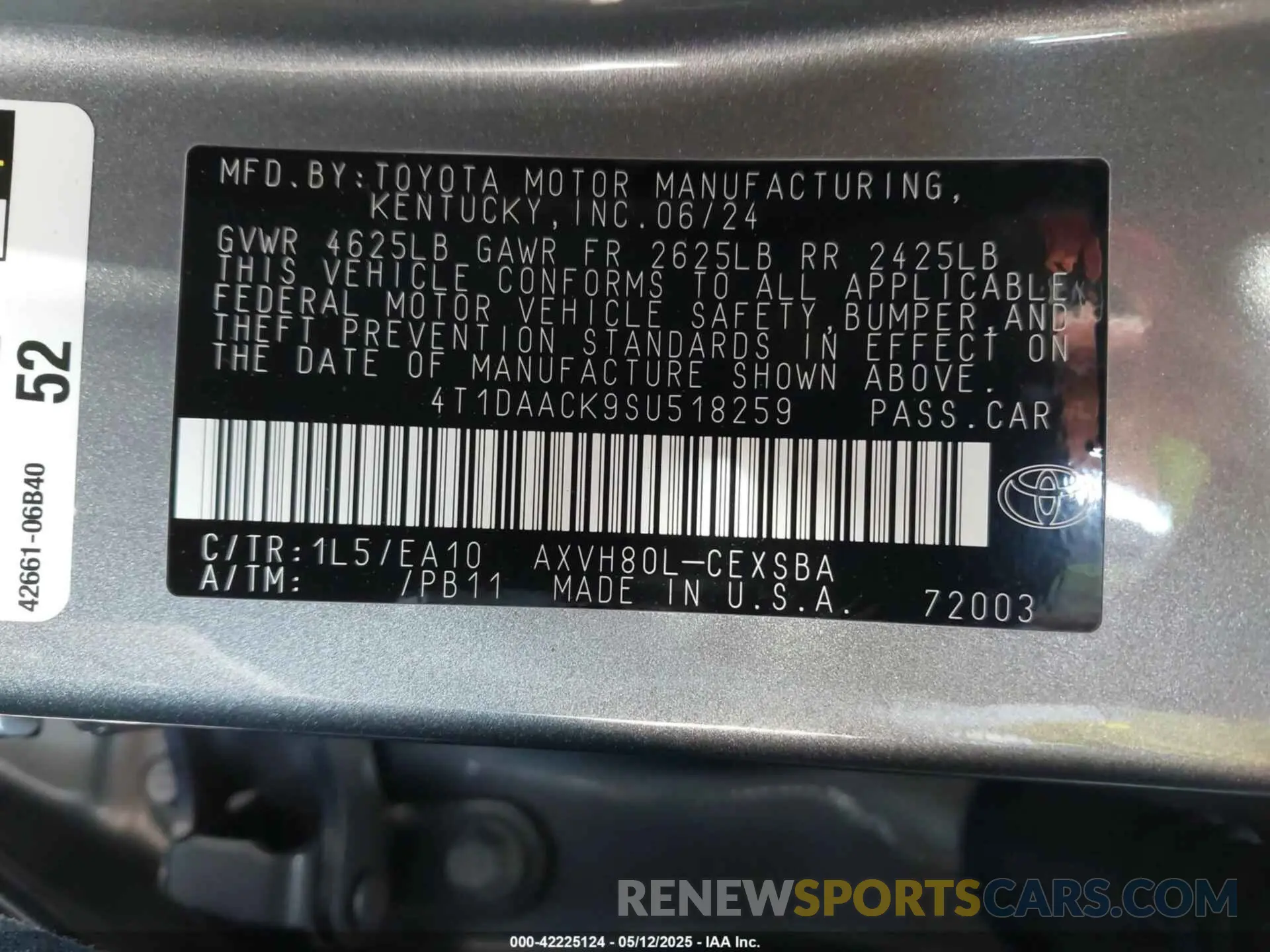 9 fotografías del automóvil dañado 4T1DAACK9SU518259 TOYOTA CAMRY 2025