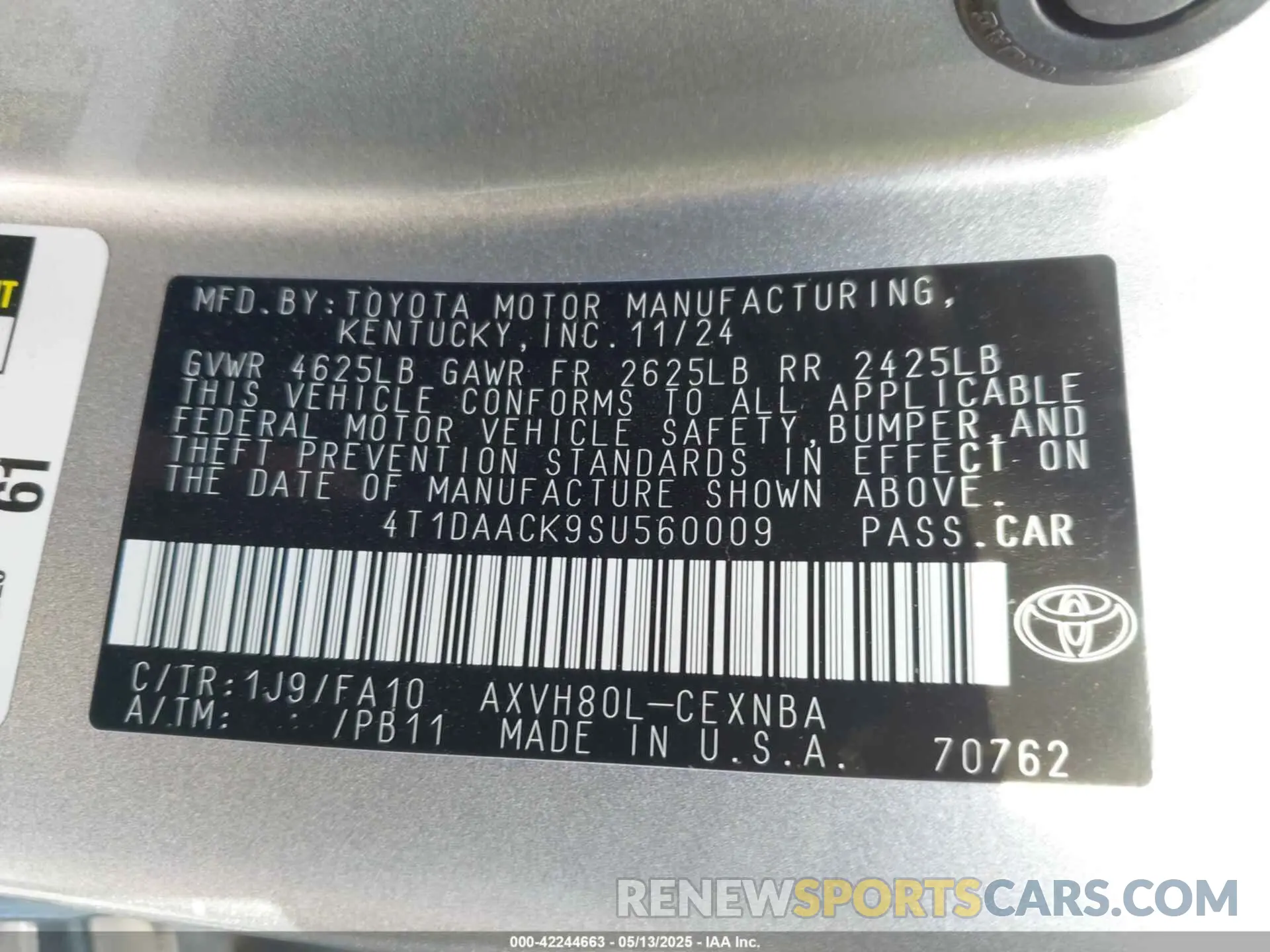 9 fotografías del automóvil dañado 4T1DAACK9SU560009 TOYOTA CAMRY 2025