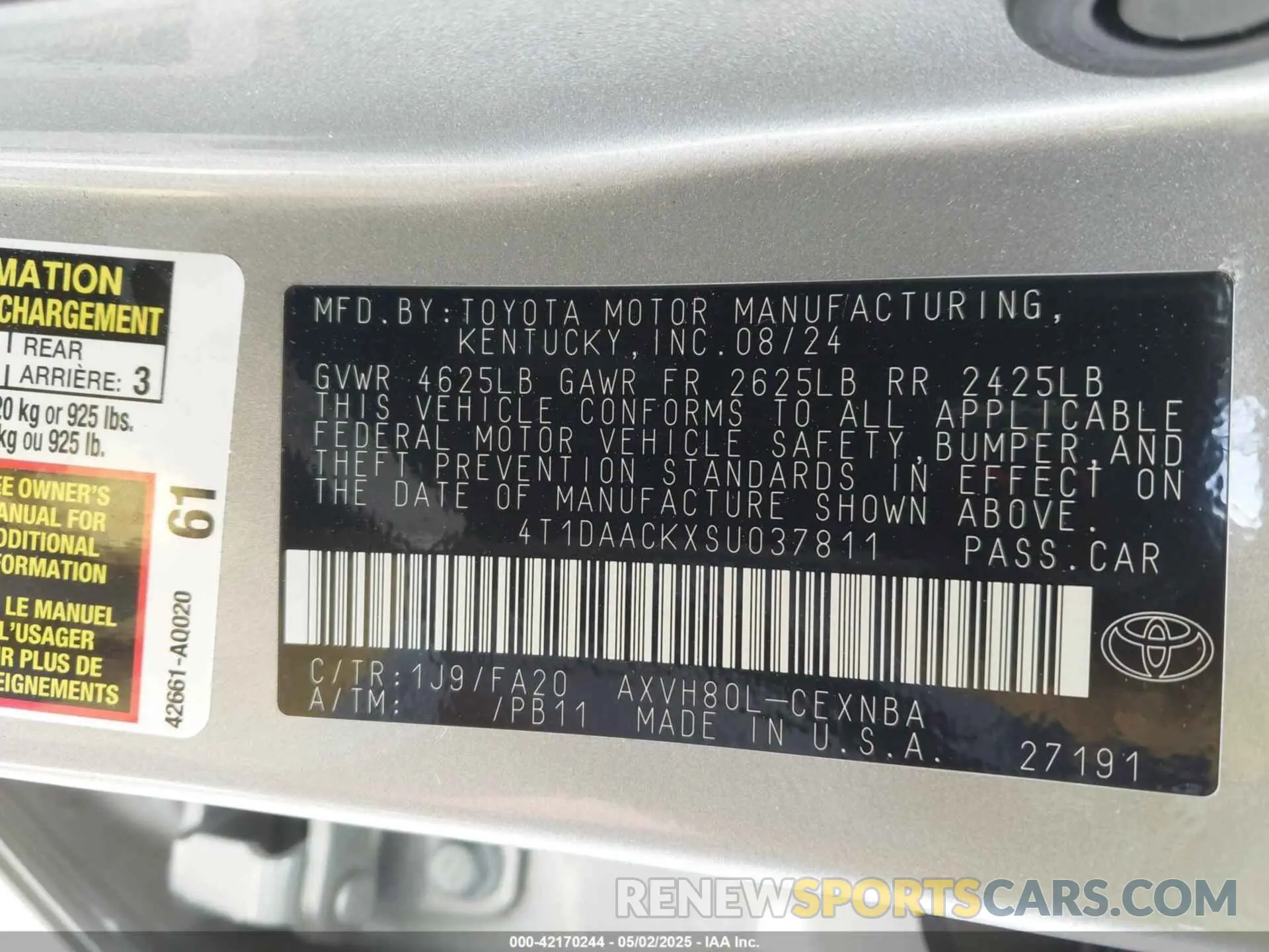 9 fotografías del automóvil dañado 4T1DAACKXSU037811 TOYOTA CAMRY 2025