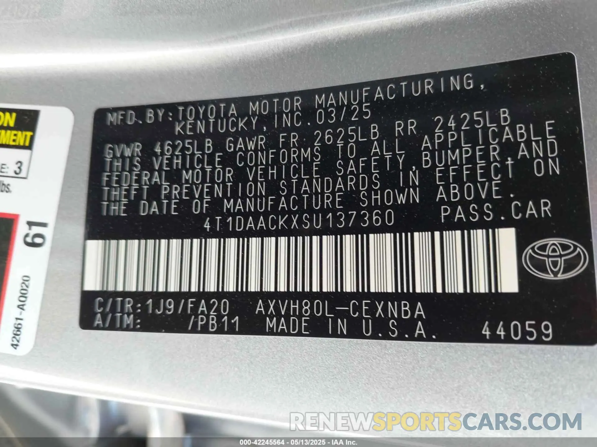 9 fotografías del automóvil dañado 4T1DAACKXSU137360 TOYOTA CAMRY 2025