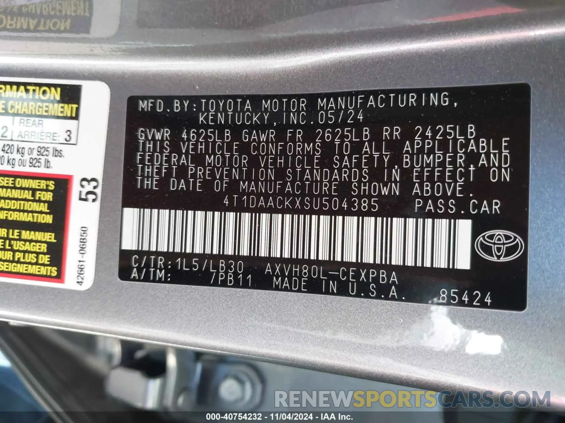 9 fotografías del automóvil dañado 4T1DAACKXSU504385 TOYOTA CAMRY 2025