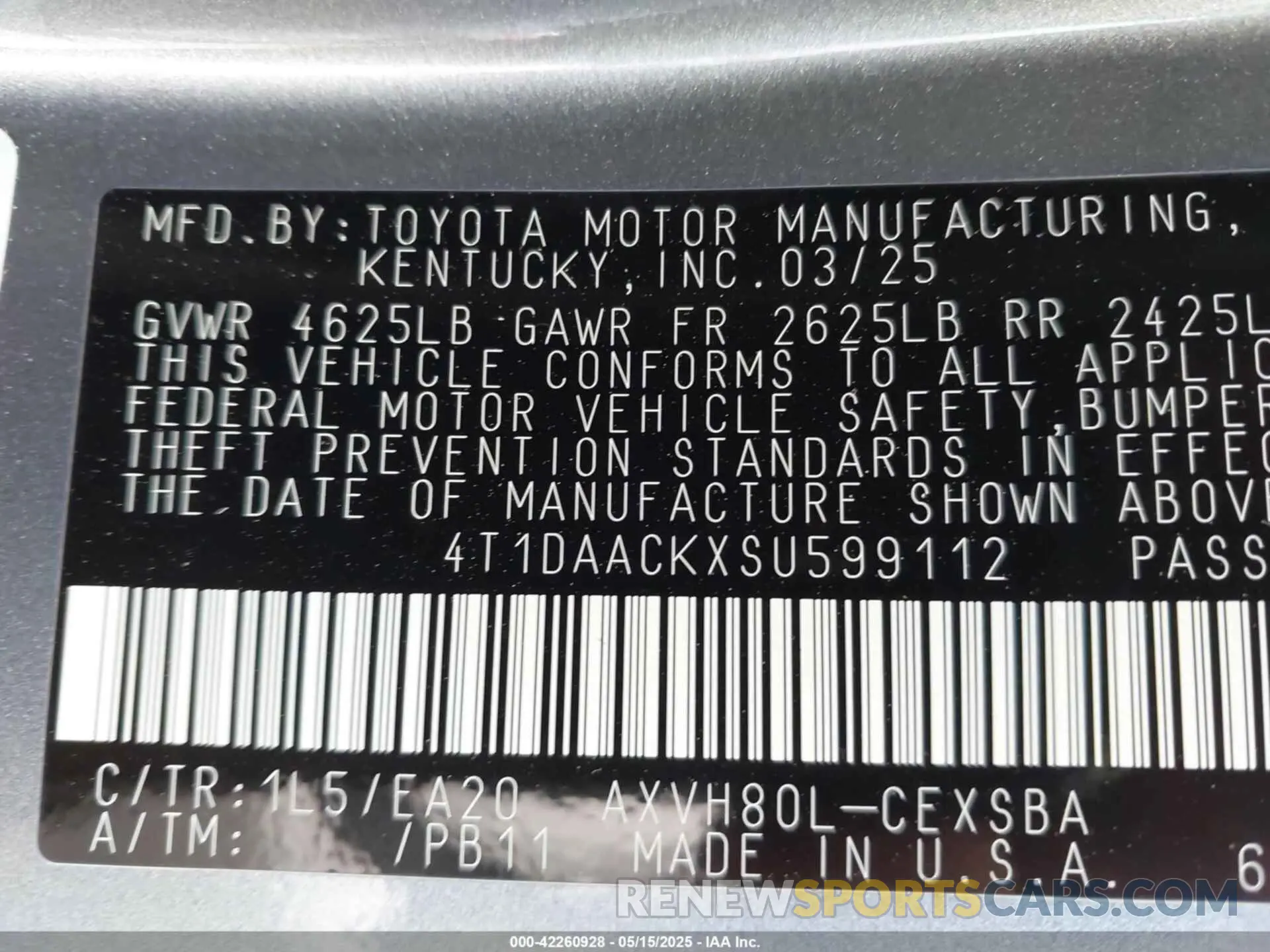 9 fotografías del automóvil dañado 4T1DAACKXSU599112 TOYOTA CAMRY 2025