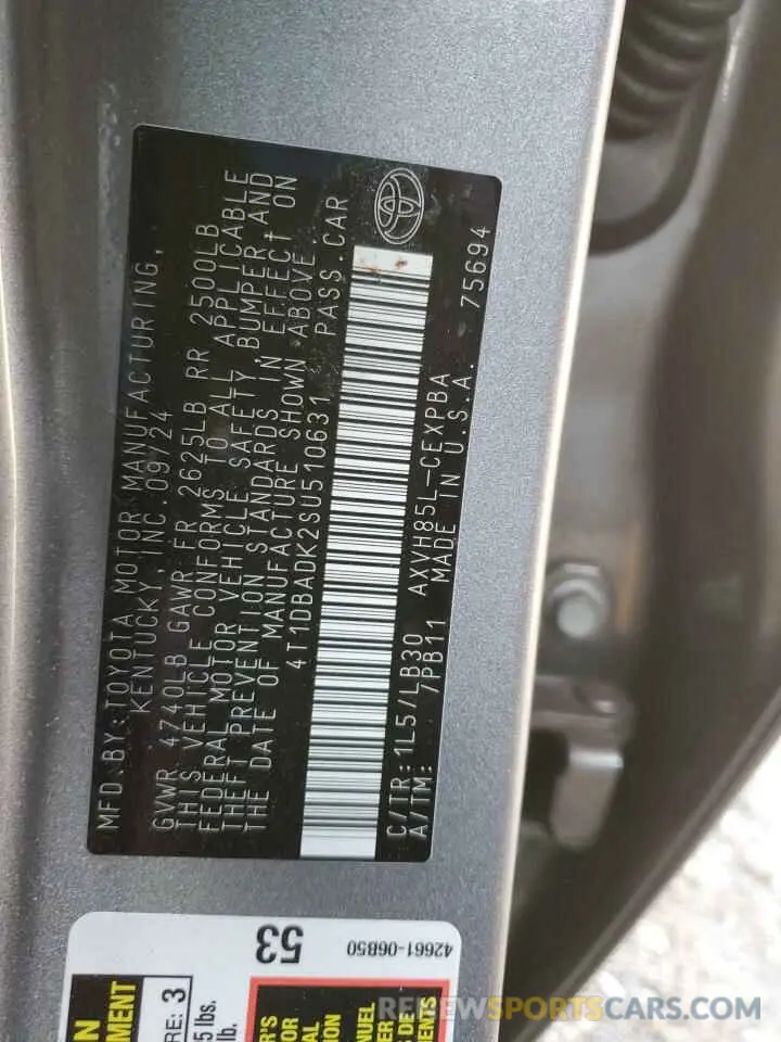 12 fotografías del automóvil dañado 4T1DBADK2SU510631 TOYOTA CAMRY 2025
