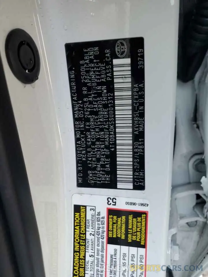 12 fotografías del automóvil dañado 4T1DBADK5SU001312 TOYOTA CAMRY 2025