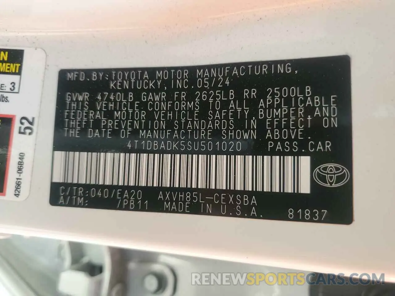 12 fotografías del automóvil dañado 4T1DBADK5SU501020 TOYOTA CAMRY 2025