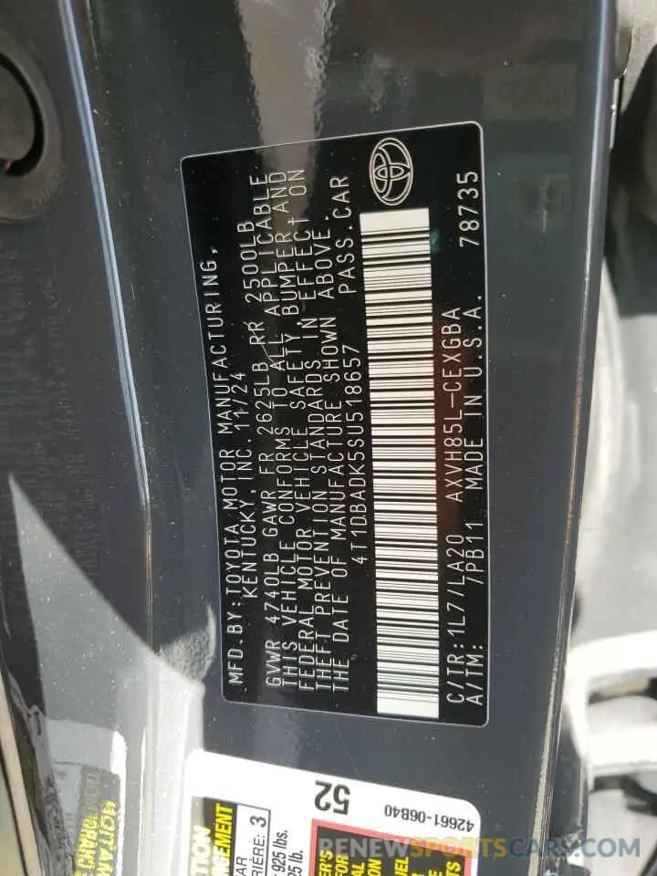 13 fotografías del automóvil dañado 4T1DBADK5SU518657 TOYOTA CAMRY 2025