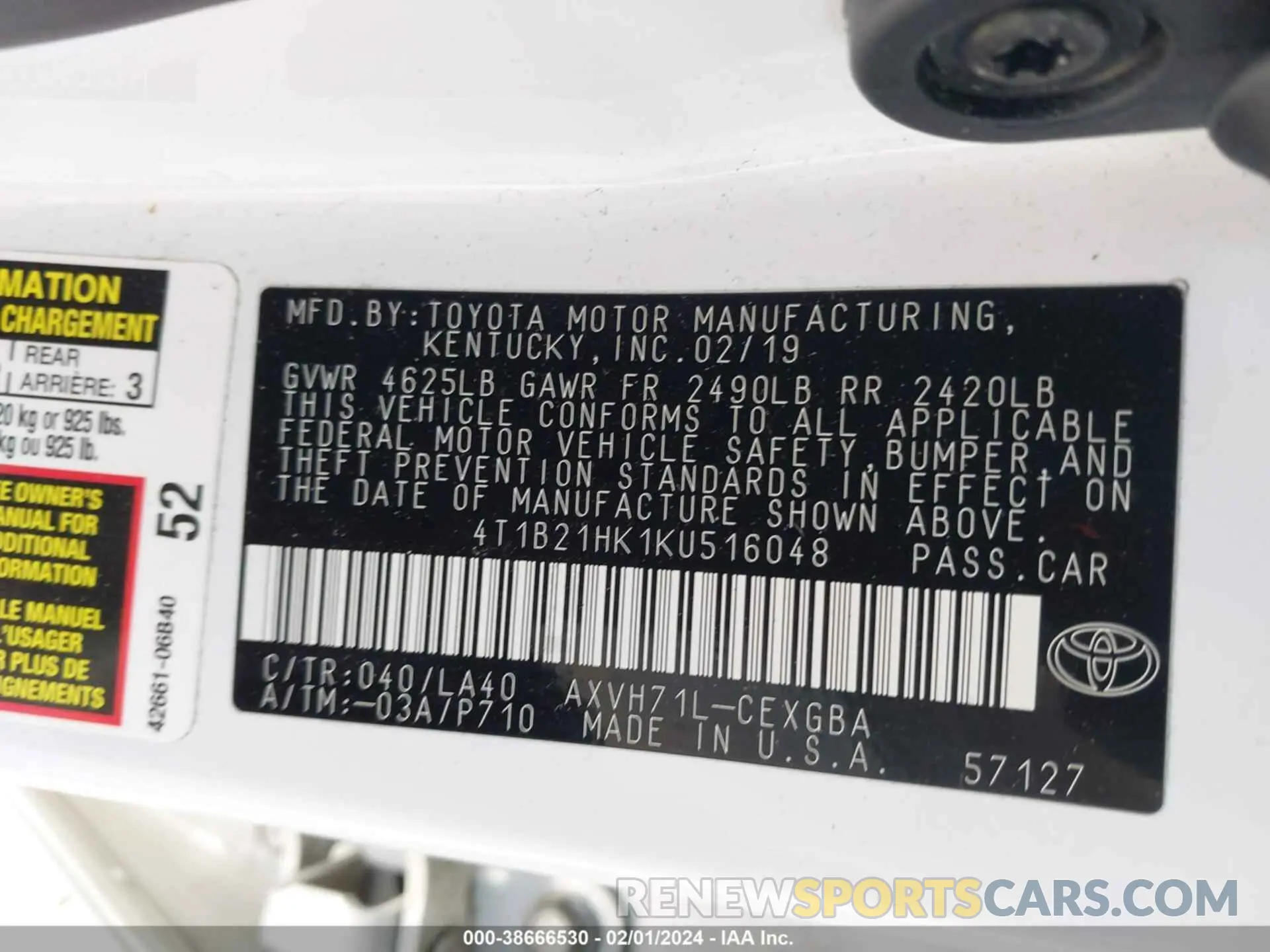 9 fotografías del automóvil dañado 4T1B21HK1KU516048 TOYOTA CAMRY HYBRID 2019