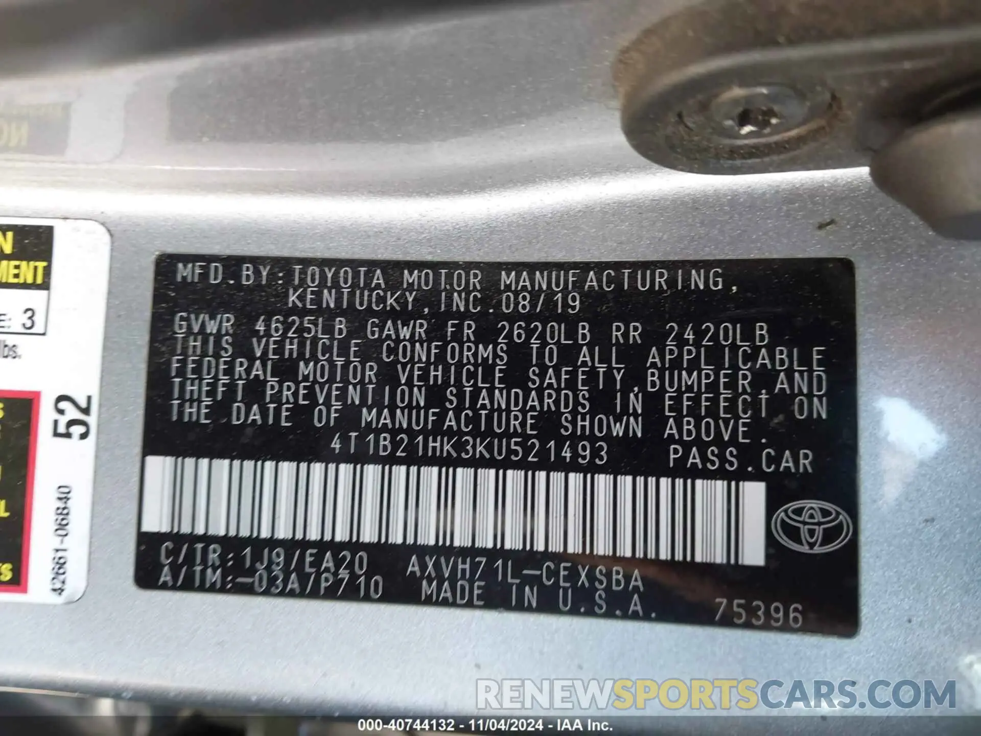 9 fotografías del automóvil dañado 4T1B21HK3KU521493 TOYOTA CAMRY HYBRID 2019