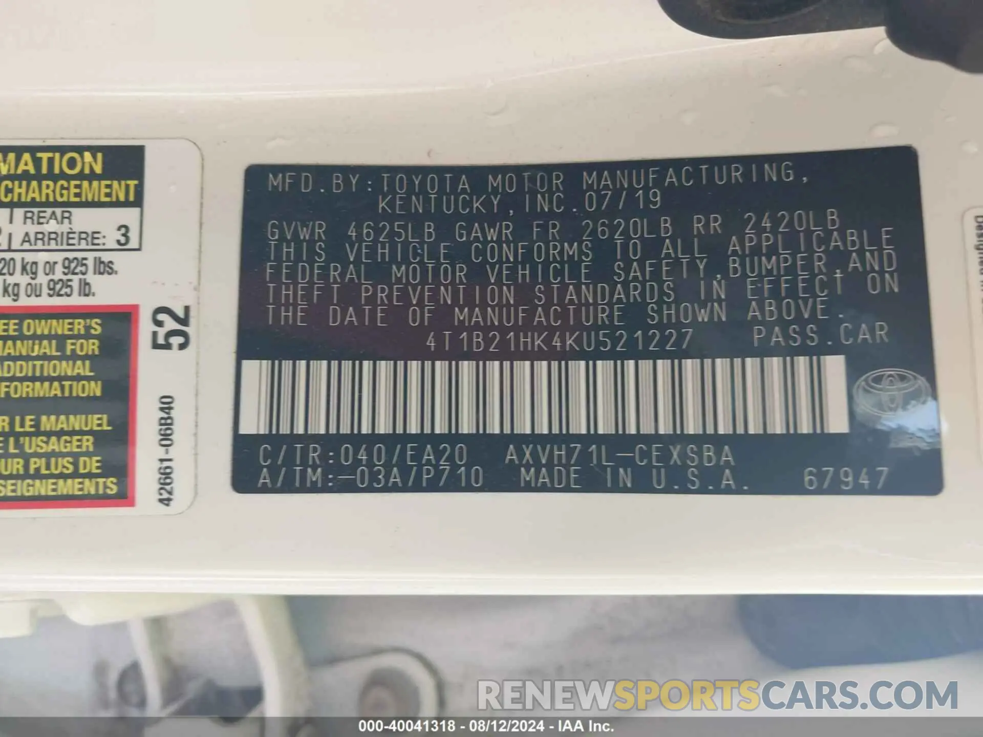 9 fotografías del automóvil dañado 4T1B21HK4KU521227 TOYOTA CAMRY HYBRID 2019