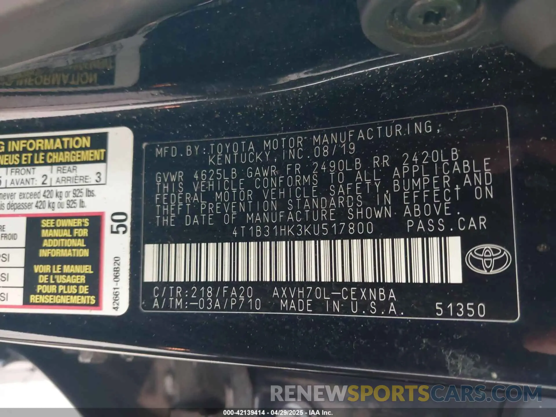 9 fotografías del automóvil dañado 4T1B31HK3KU517800 TOYOTA CAMRY HYBRID 2019