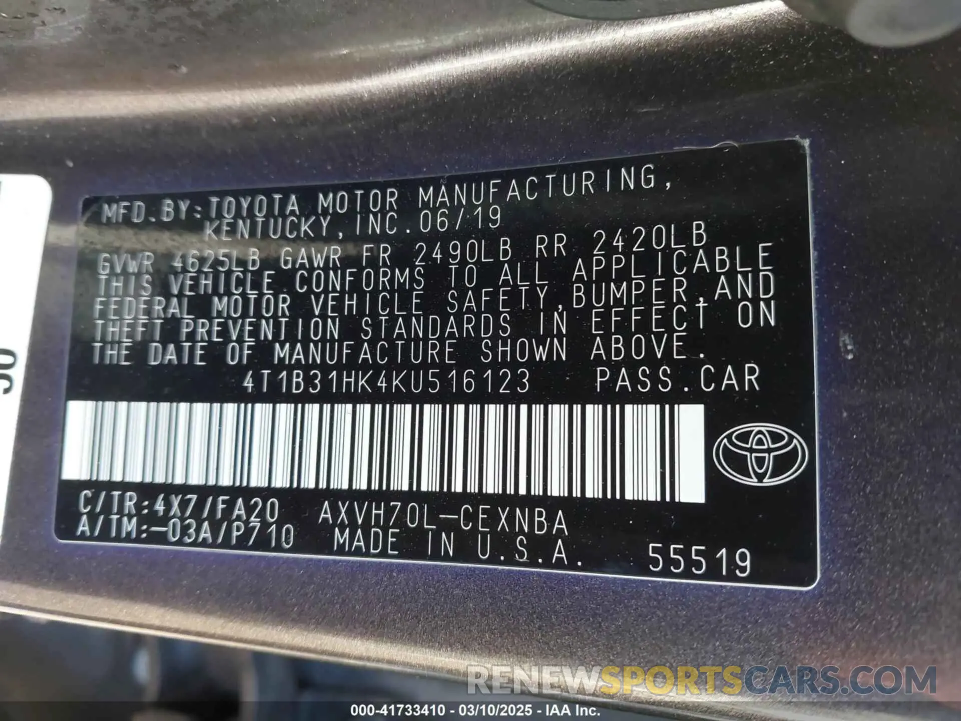 9 fotografías del automóvil dañado 4T1B31HK4KU516123 TOYOTA CAMRY HYBRID 2019