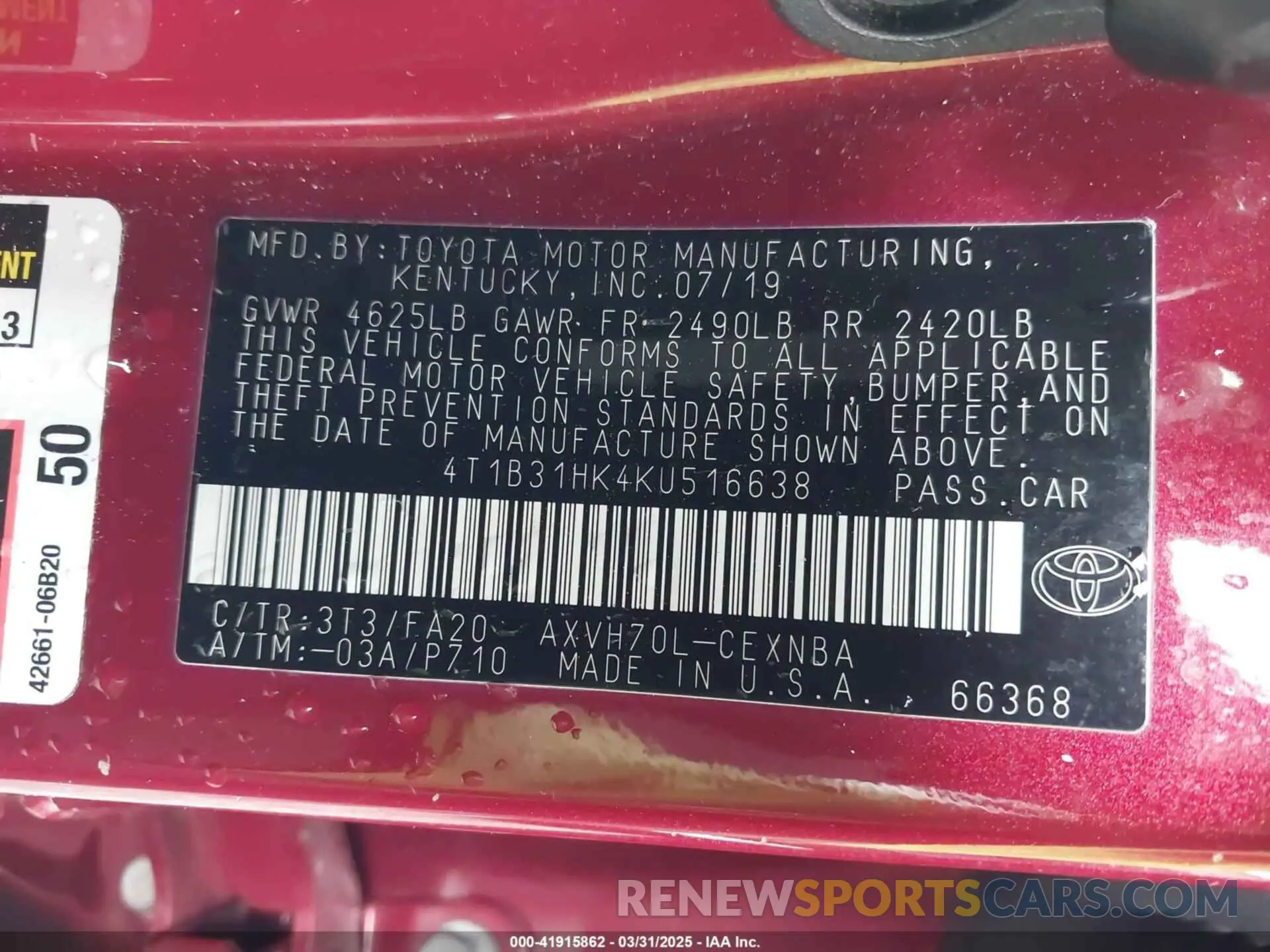 9 fotografías del automóvil dañado 4T1B31HK4KU516638 TOYOTA CAMRY HYBRID 2019