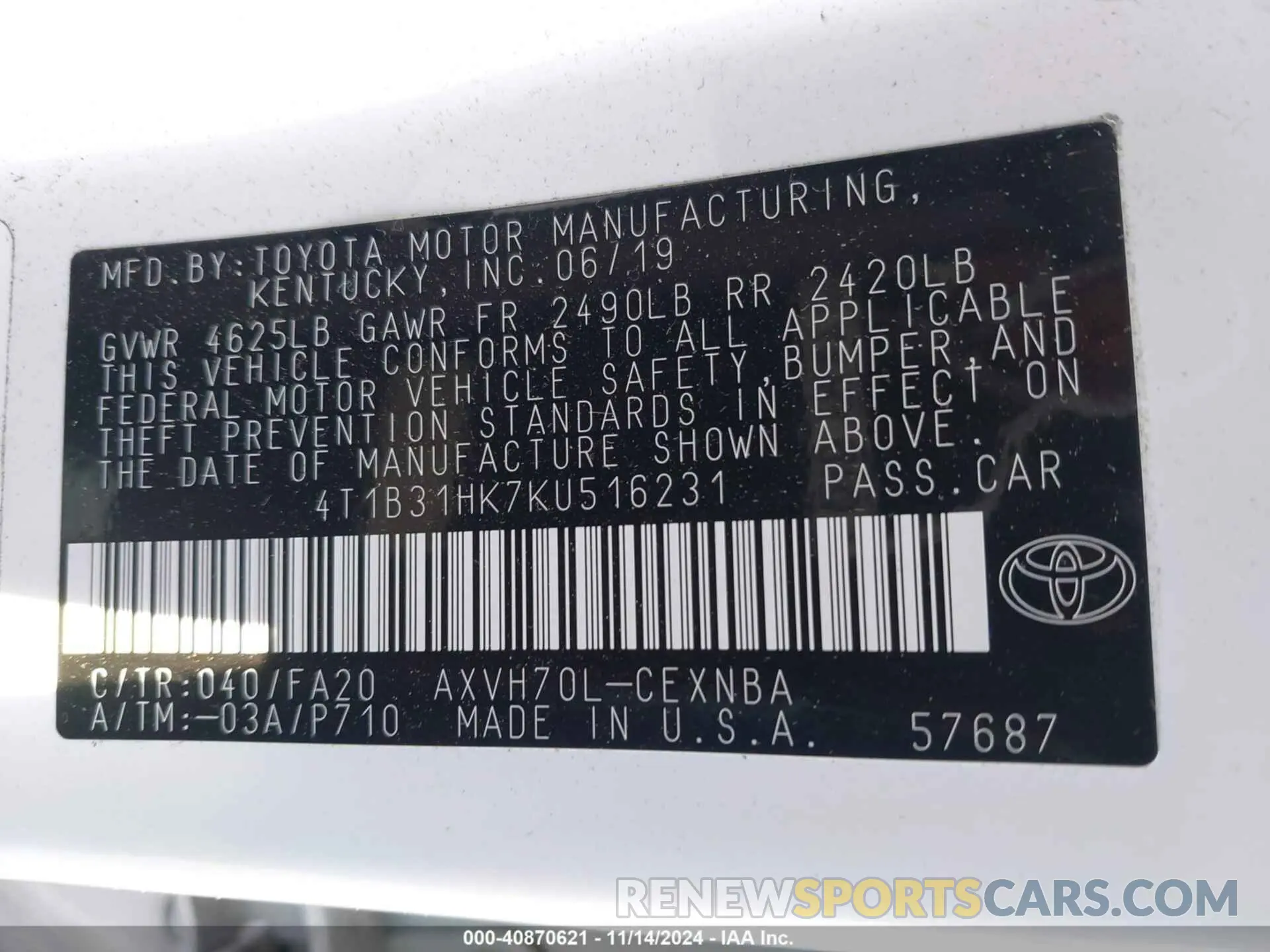 9 fotografías del automóvil dañado 4T1B31HK7KU516231 TOYOTA CAMRY HYBRID 2019