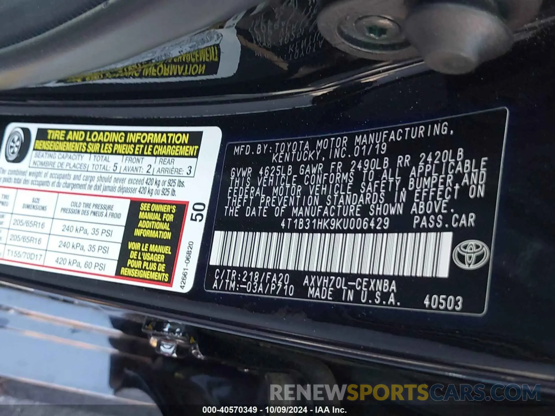 9 fotografías del automóvil dañado 4T1B31HK9KU006429 TOYOTA CAMRY HYBRID 2019