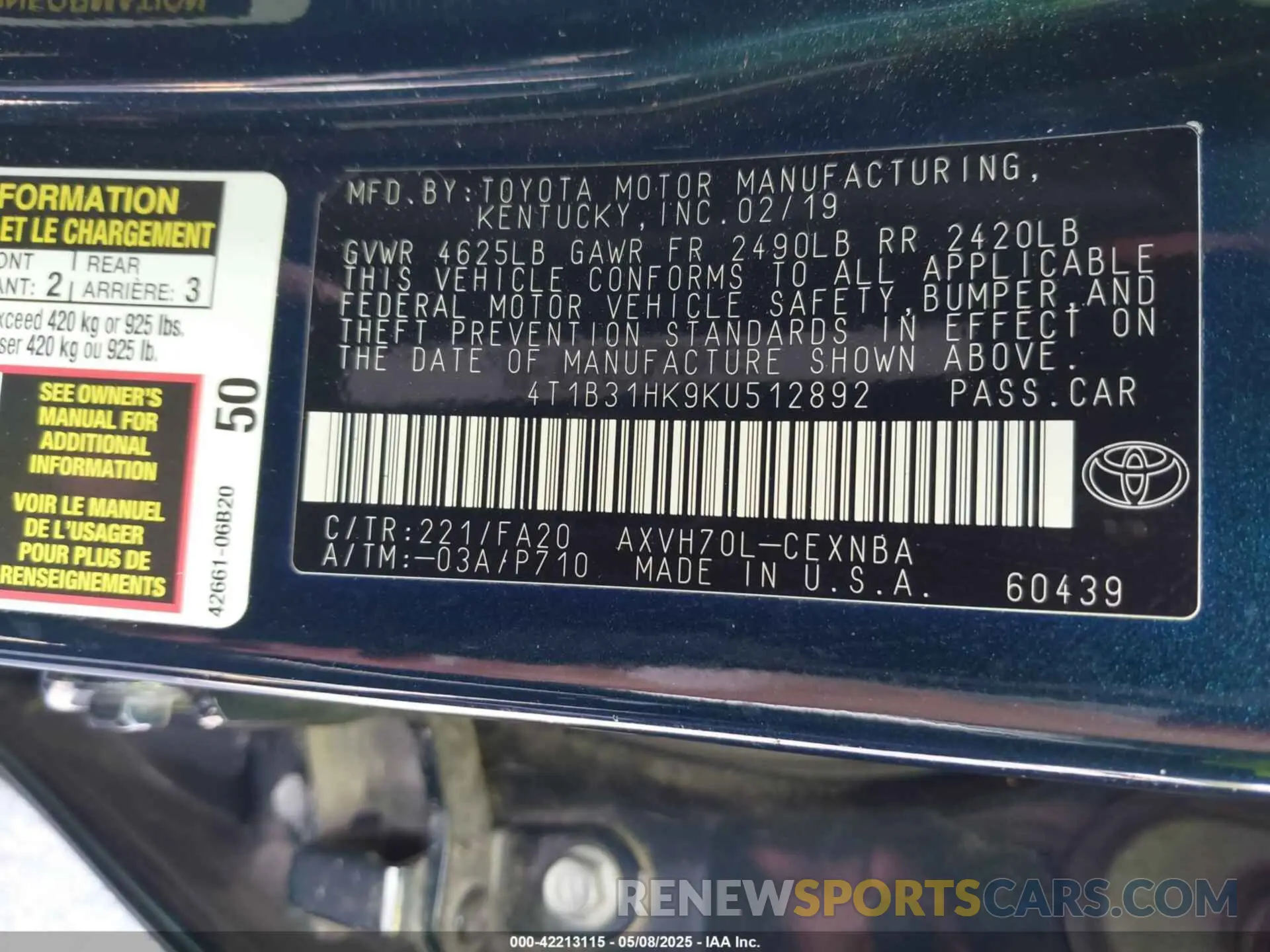 9 fotografías del automóvil dañado 4T1B31HK9KU512892 TOYOTA CAMRY HYBRID 2019
