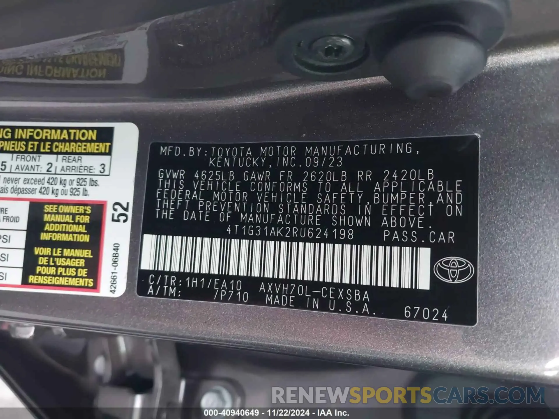 9 fotografías del automóvil dañado 4T1G31AK2RU624198 TOYOTA CAMRY HYBRID 2024