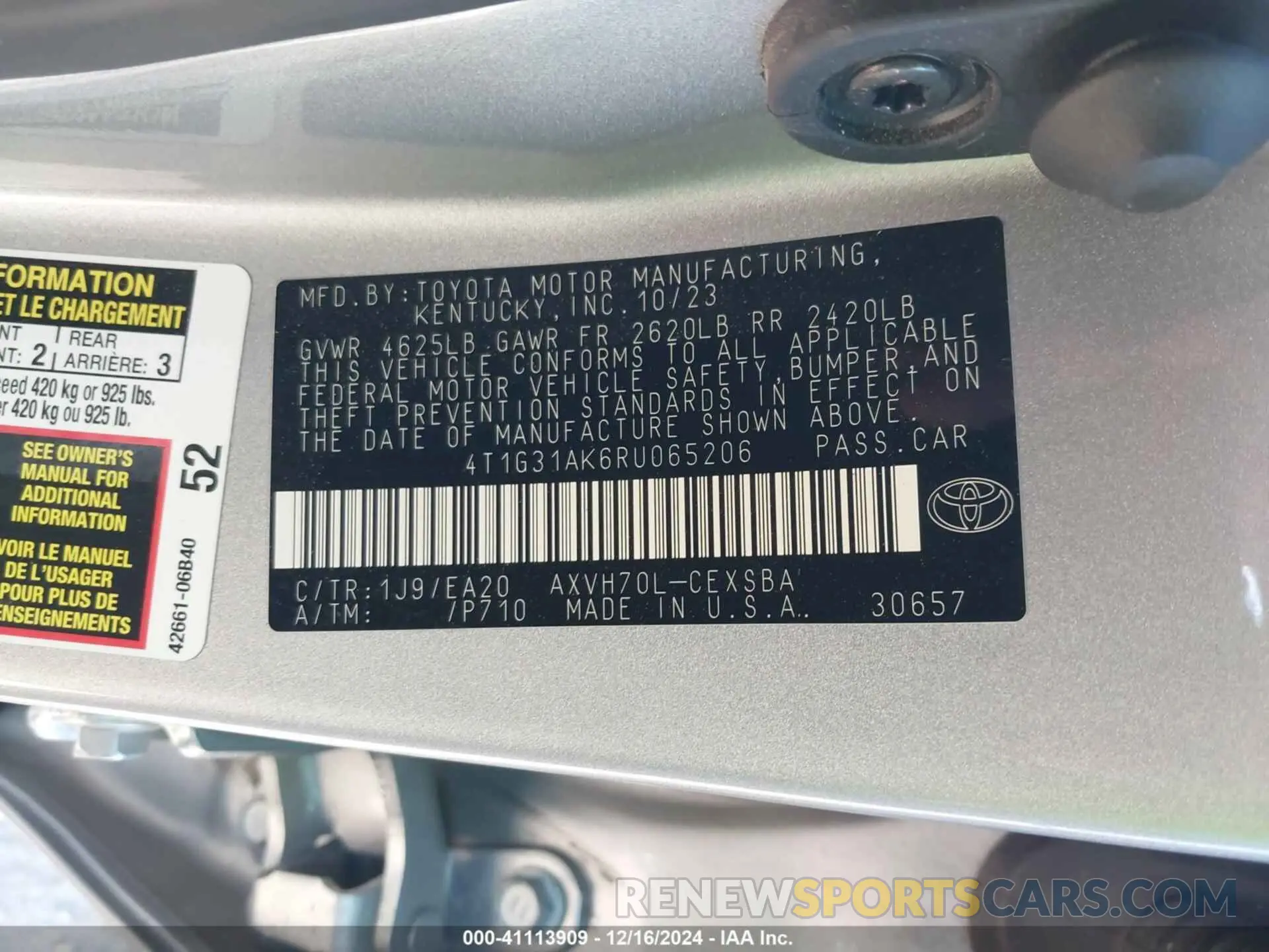 9 fotografías del automóvil dañado 4T1G31AK6RU065206 TOYOTA CAMRY HYBRID 2024
