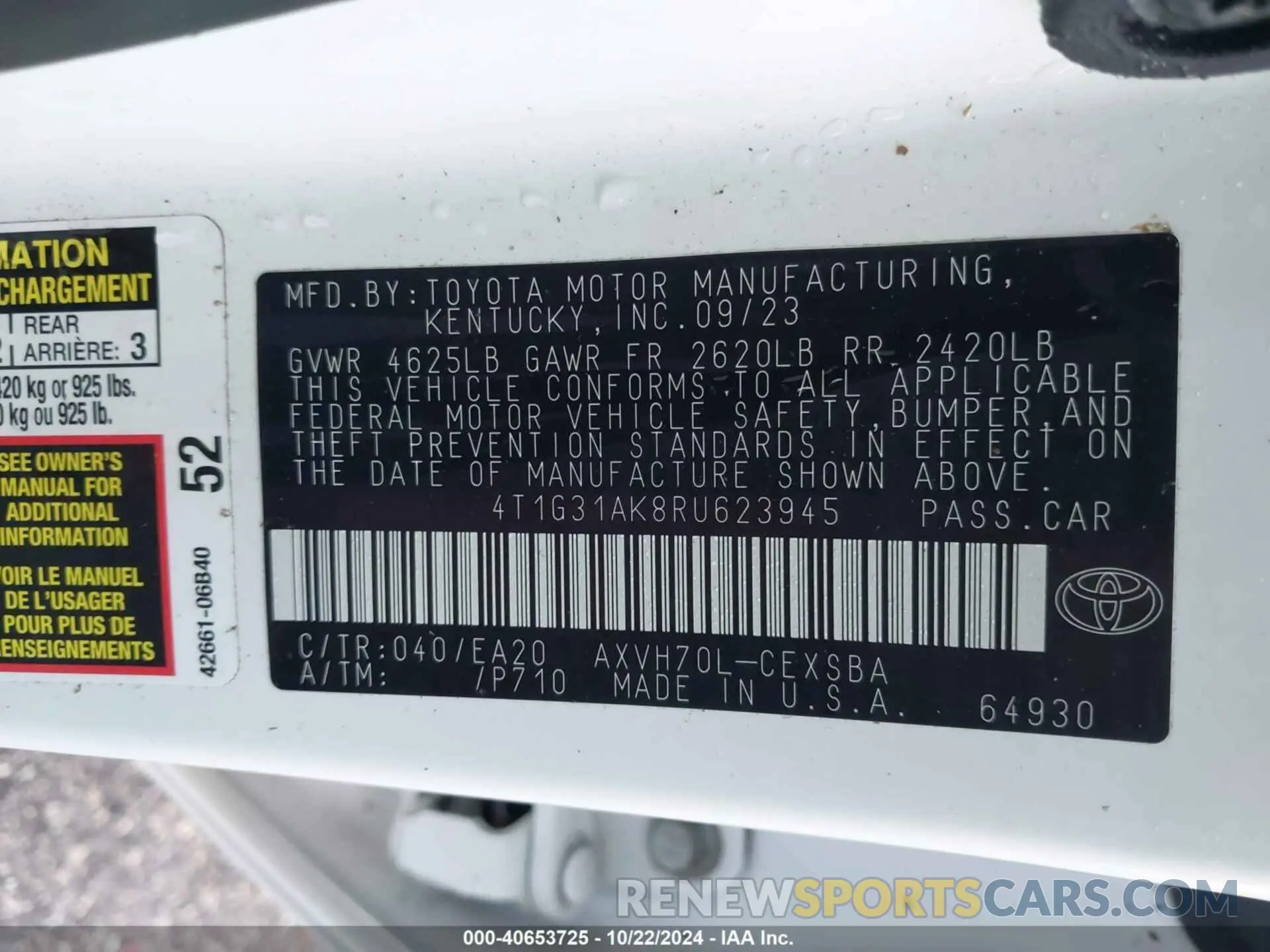 9 fotografías del automóvil dañado 4T1G31AK8RU623945 TOYOTA CAMRY HYBRID 2024